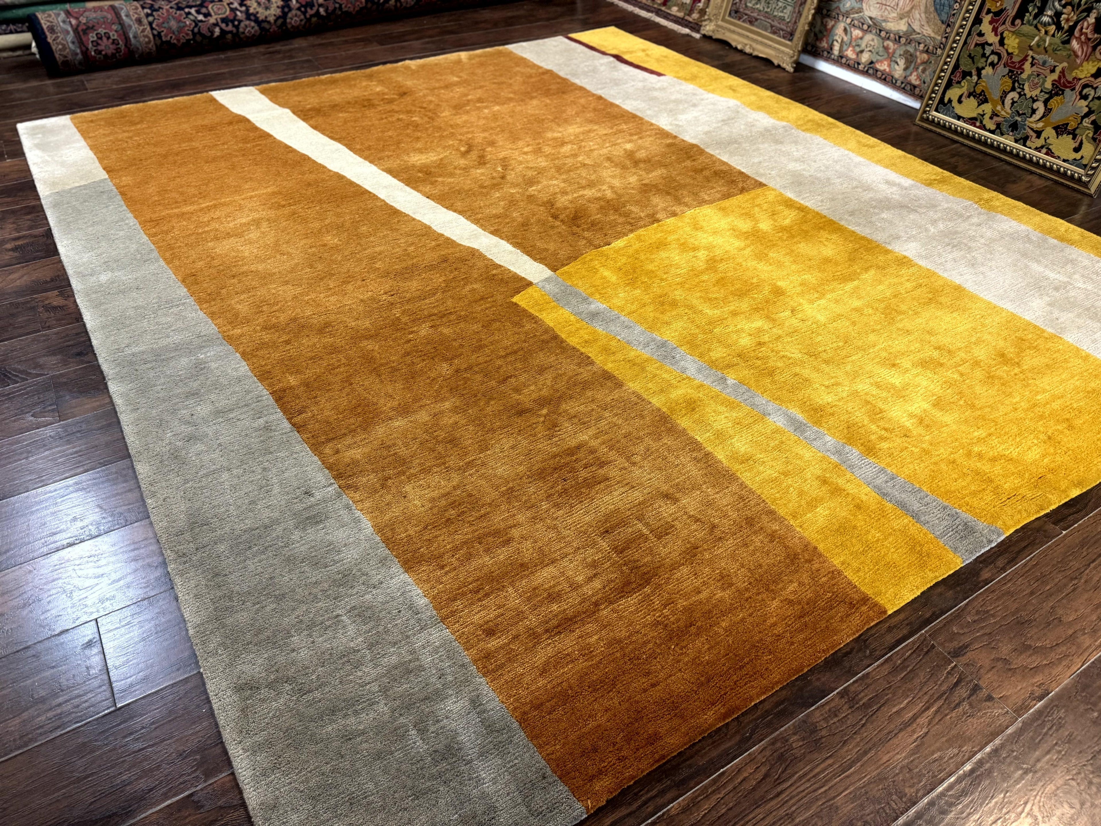 Modern Tibetan Rug 9x10, Wool Handmade Tibetan Area Rug, Abstract Multicolor