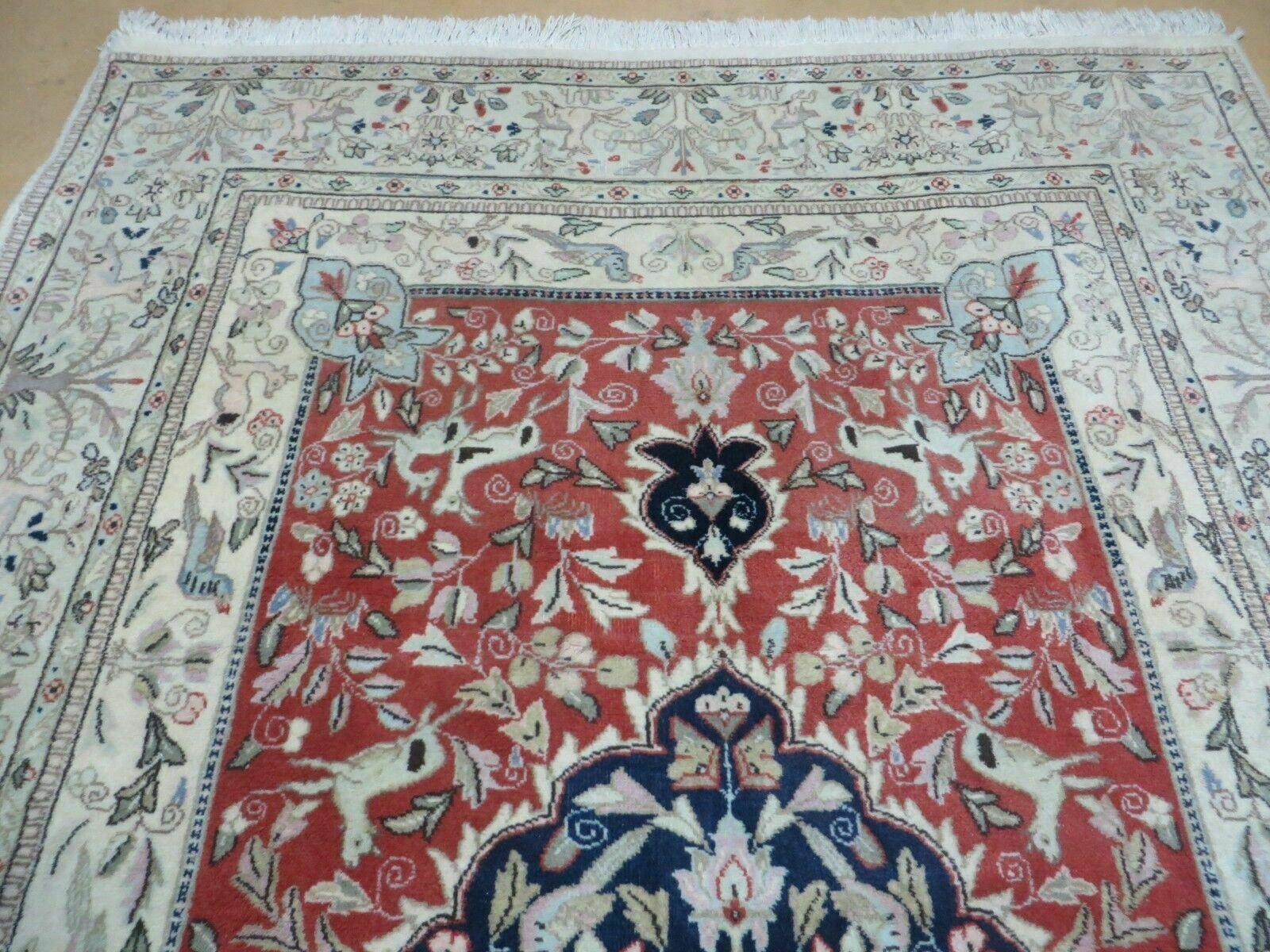 6' X 9' Vintage Handmade India Oriental Floral Wool Rug Hunting Bird Deer Nice