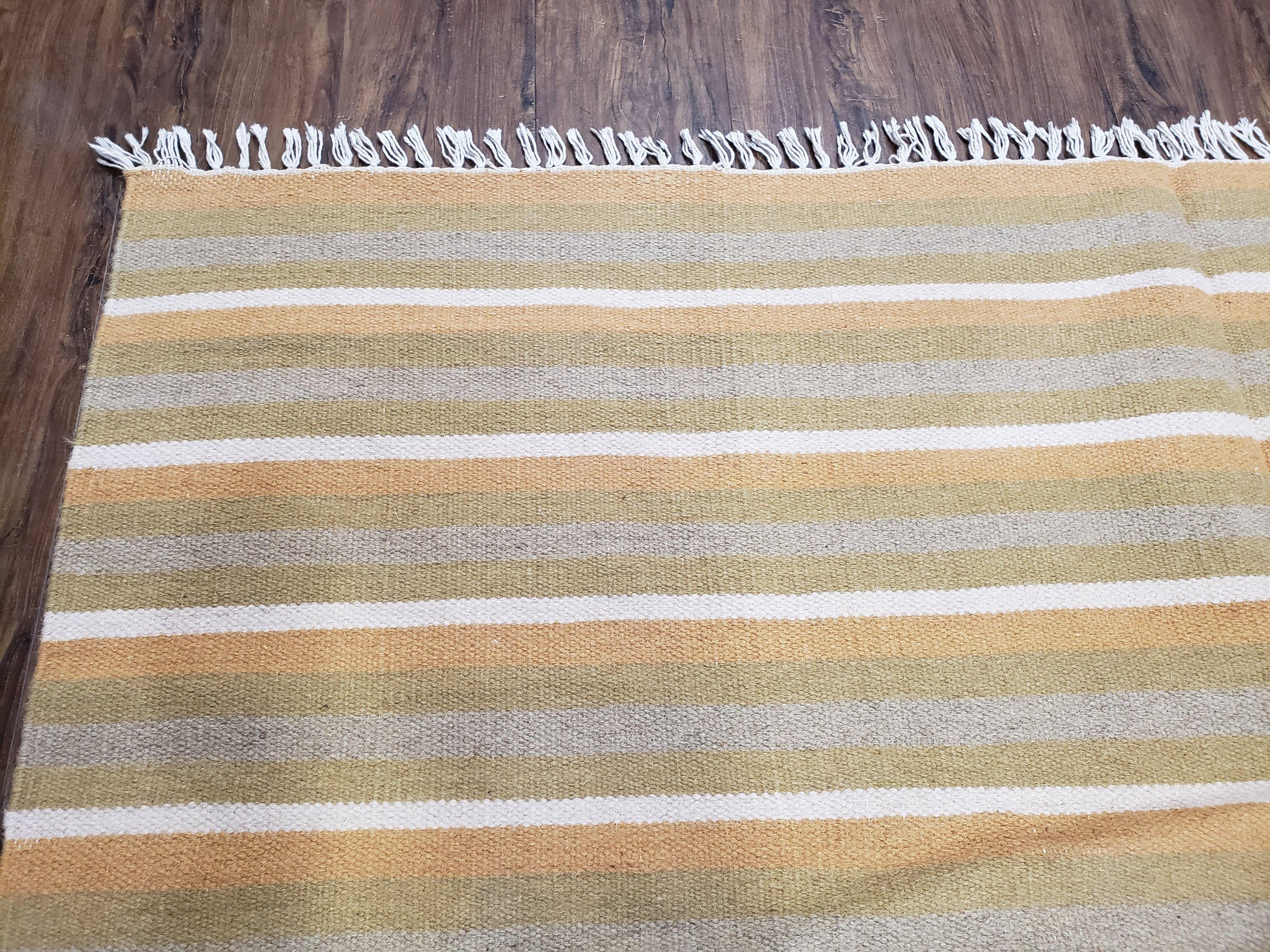 New Indian Kilim Area Rug, 6x8 - 7x8 South American Style Blanket, Striped Indian Wool Hand-Woven Flat Weave 6x9 Bedroom Rug, Ivory Ochre