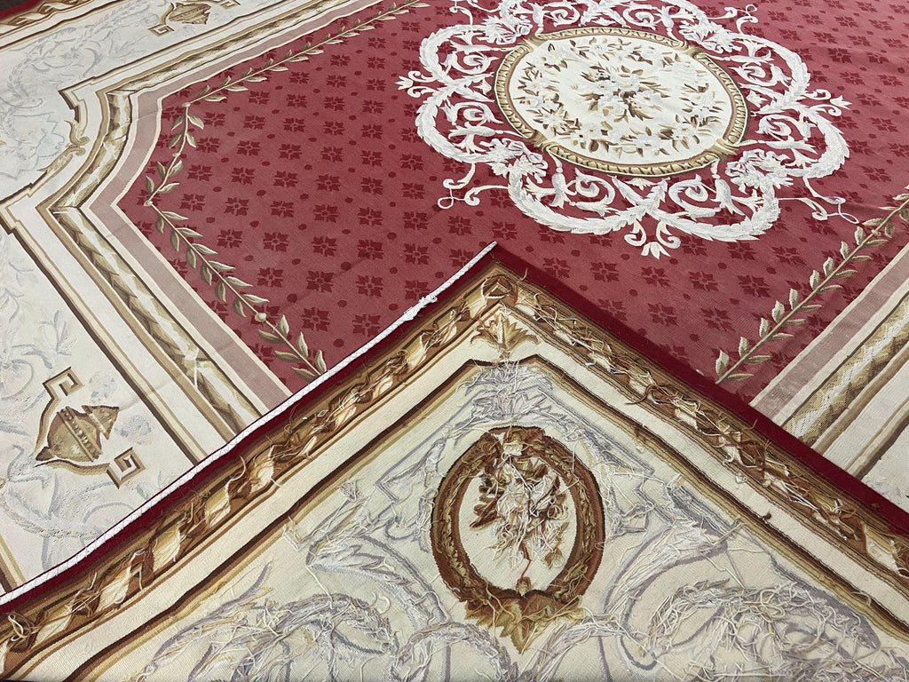 Aubusson Rug 9x12 ft, Red and Ivory Elegant Aubusson Carpet, Flatweave, Vintage Wool Handmade Area Rug 9 x 12, French European Design