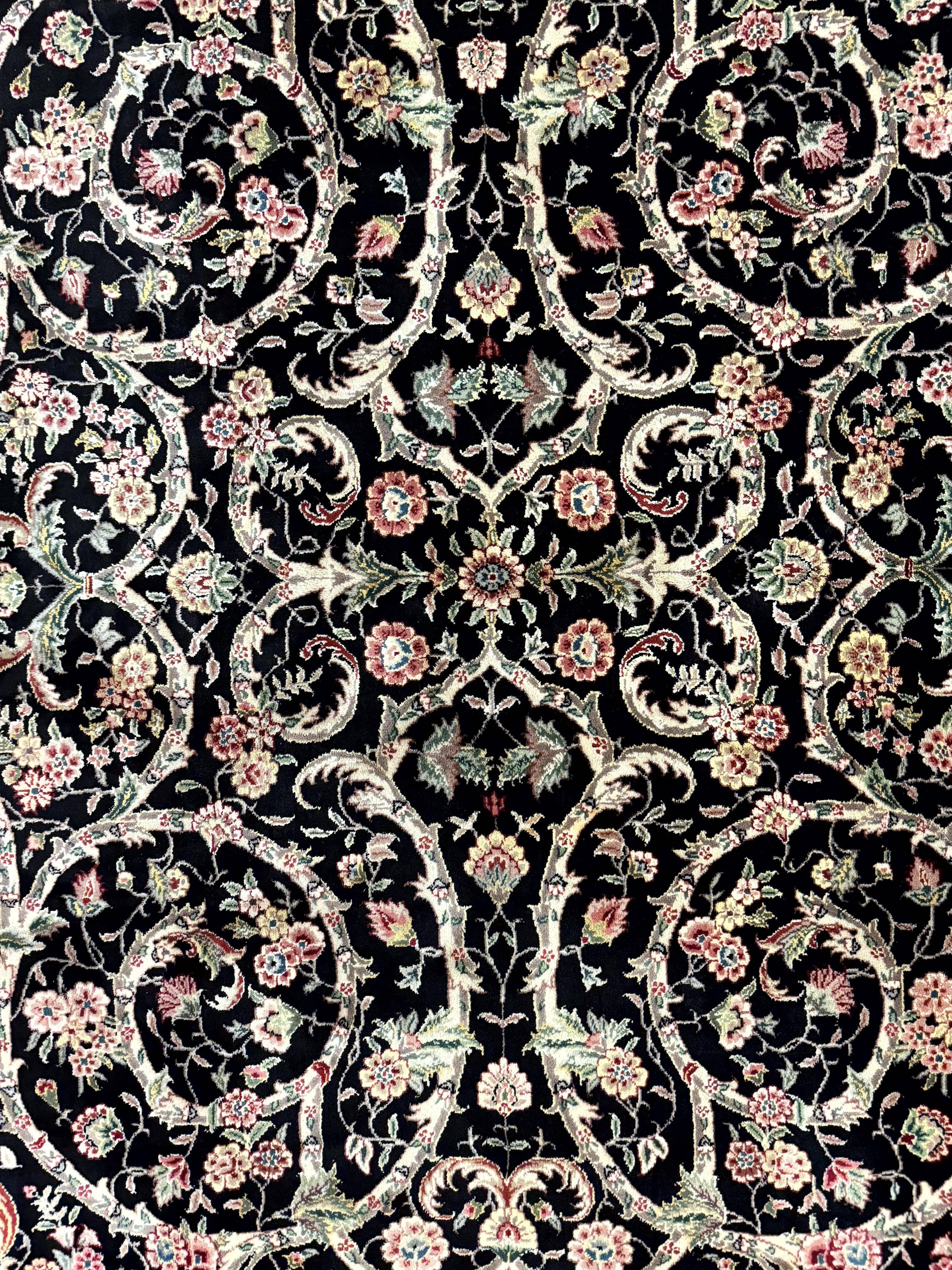 Black Pak Persian Rug 8x11, Floral Pattern, Hand Knotted Vintage Wool Rug with Silk Highlights, Fine 200 KPSI