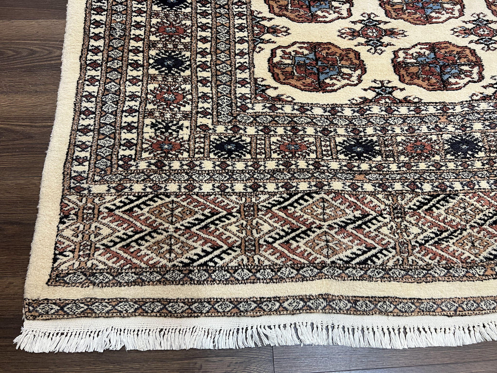 Pakistani Bokhara Rug 8x10, Wool Turkoman Carpet, Ivory/Cream