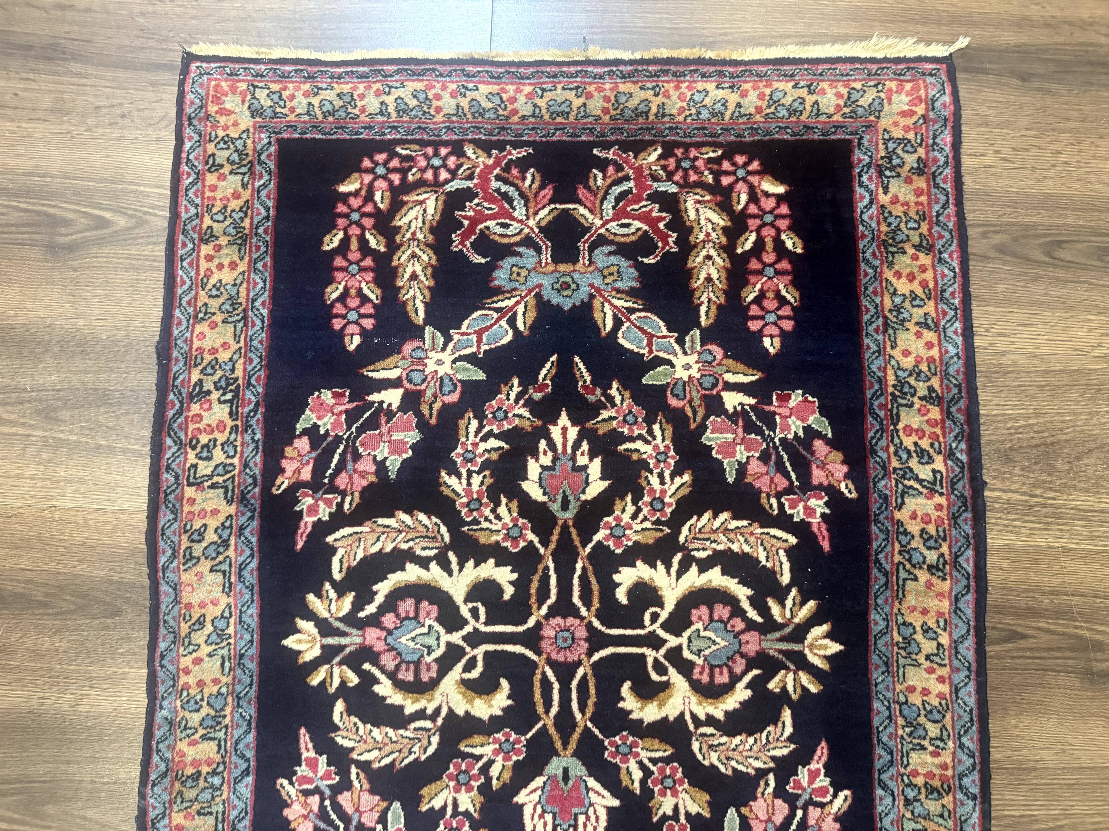 Antique Persian Kerman Rug 2.8 x 4, Navy Blue, Floral