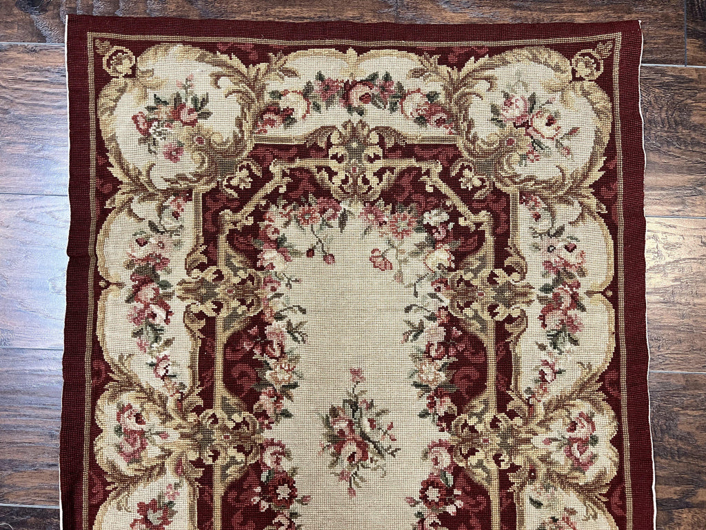 Needlepoint Runner Rug 2.5 x 10.7, Tan Runner Rug, Flatweave Runner, Aubusson European Design, Needlepoint Rug, Long Runner, Hallway Rug