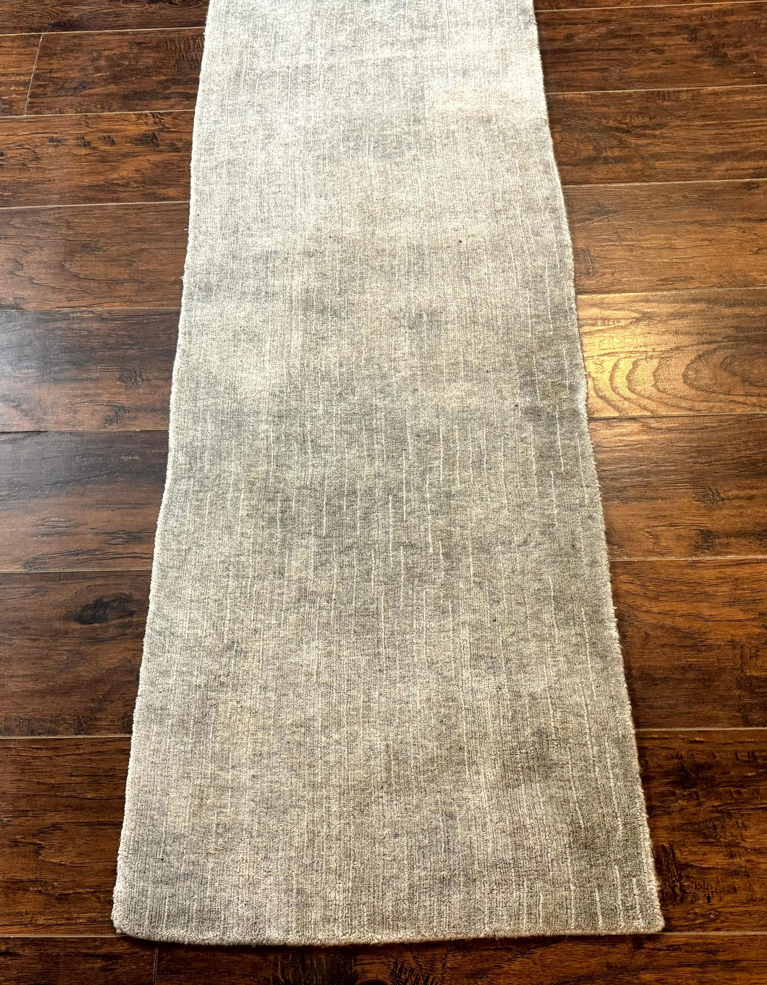 Modern Tibetan Runner Rug 1.9 x 8.6, Wool and Silk Highlights, Gray/Silver, Narrow Runner for Hallway or Kitchen