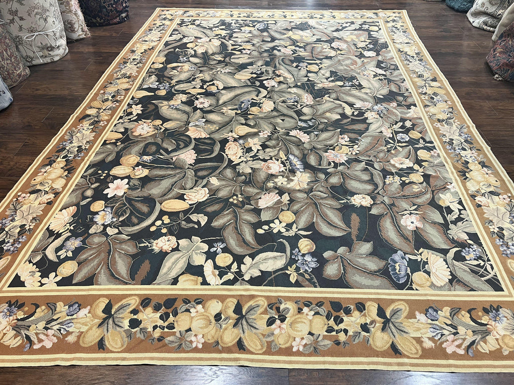 Large Needlepoint Rug 9x13, Handmade Wool Flatweave Vintage Rug, Leaves, Green
