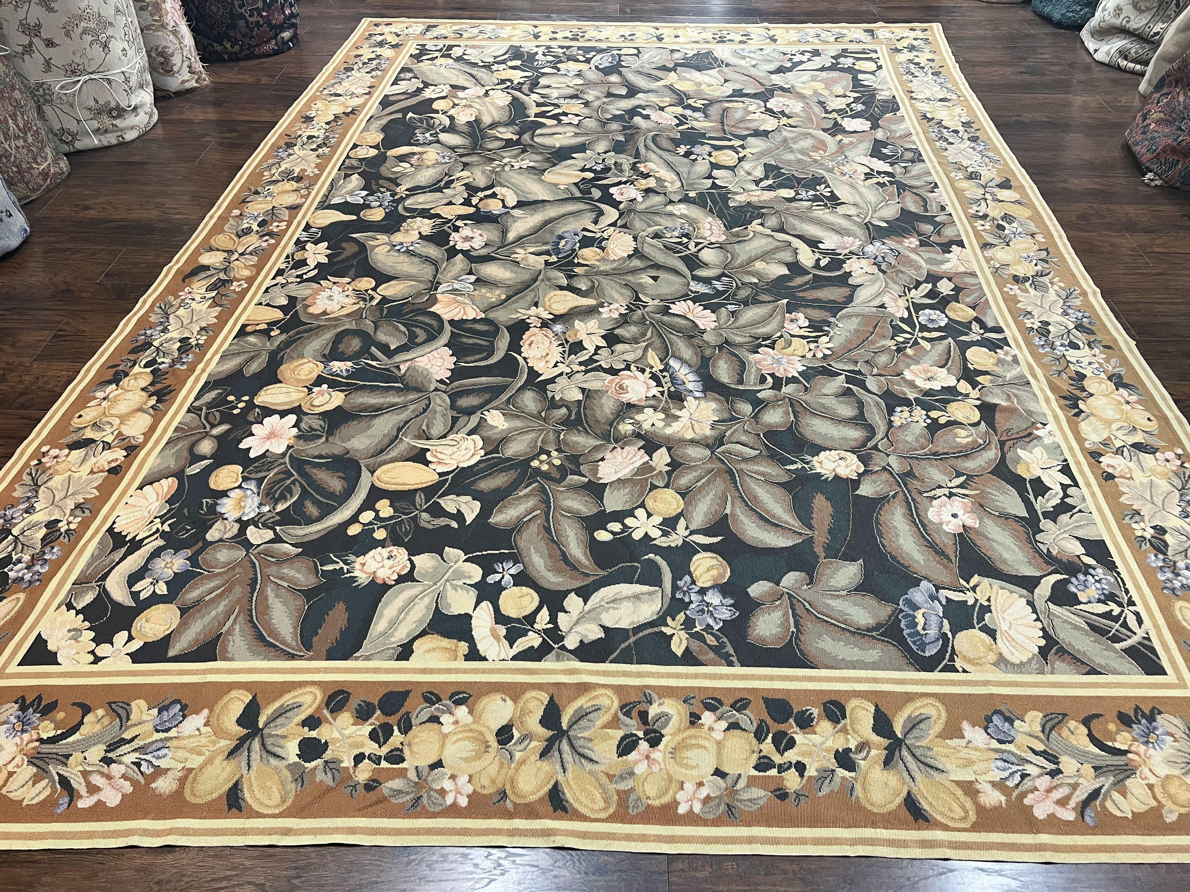 Large Needlepoint Rug 9x13, Handmade Wool Flatweave Vintage Rug, Leaves, Green