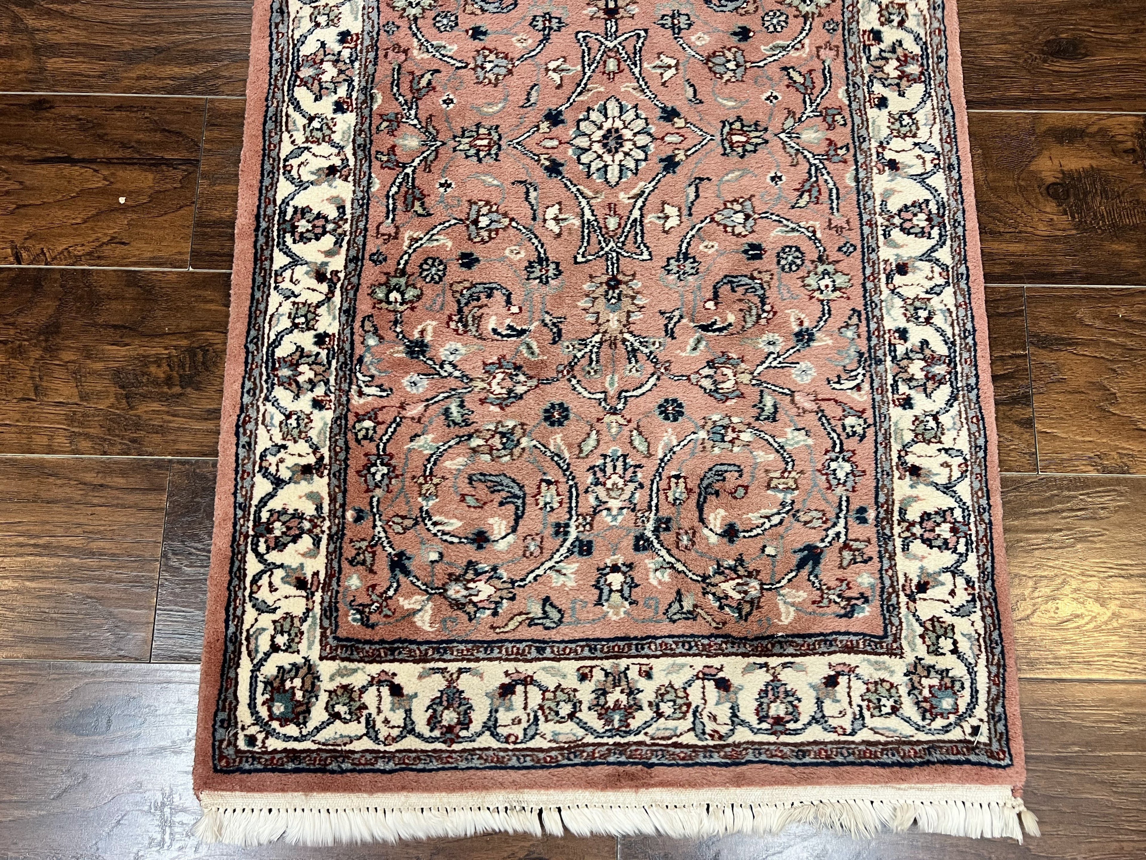 Indo Persian Runner Rug 2.6 x 10, Wool Hand Knotted Vintage Oriental Carpet, Pink & Ivory, Floral Allover, Hallway Rug