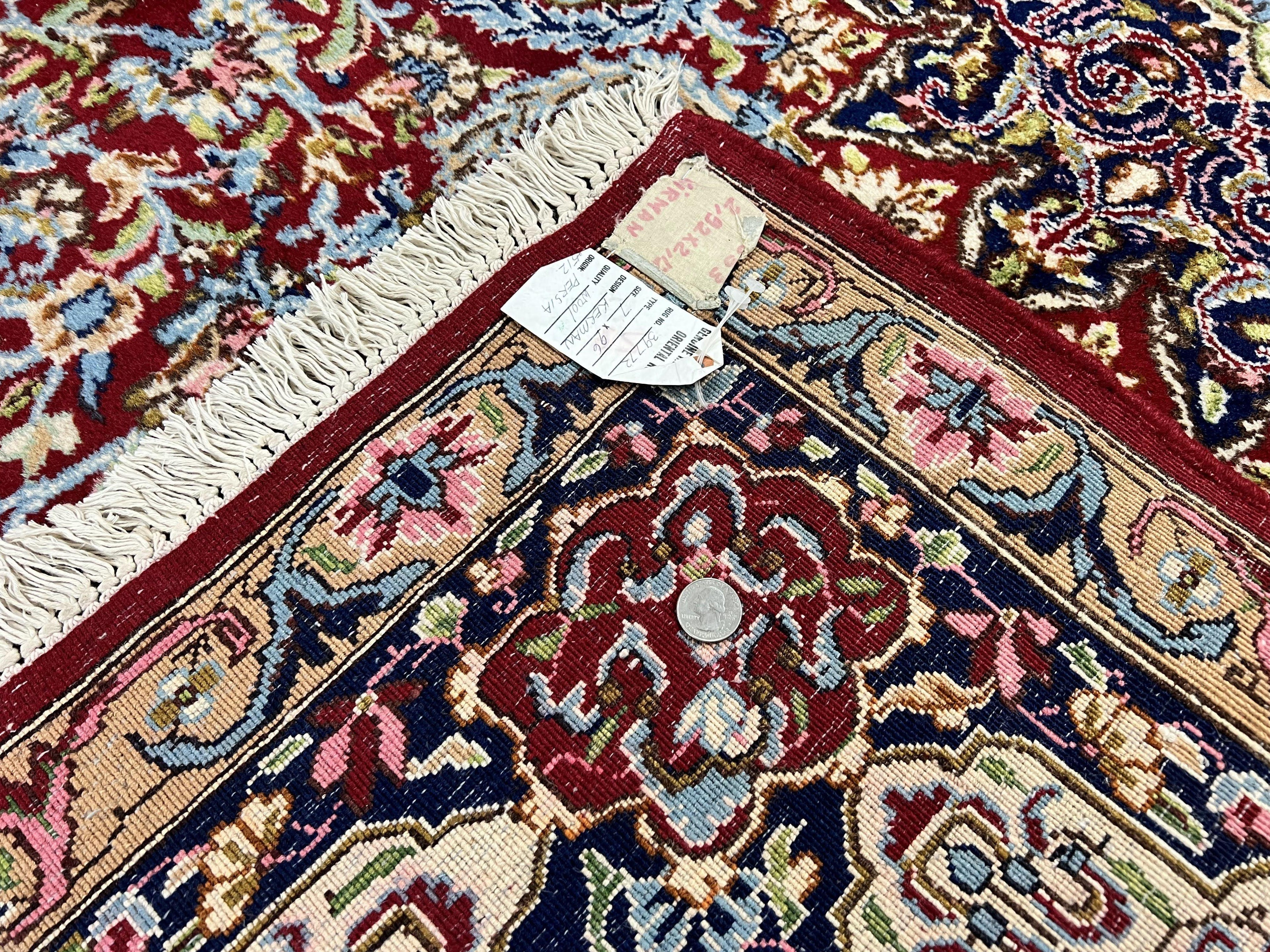 Persian Kirman Rug 7x10, Hand Knotted Wool Floral Medallion Carpet, Dark Red