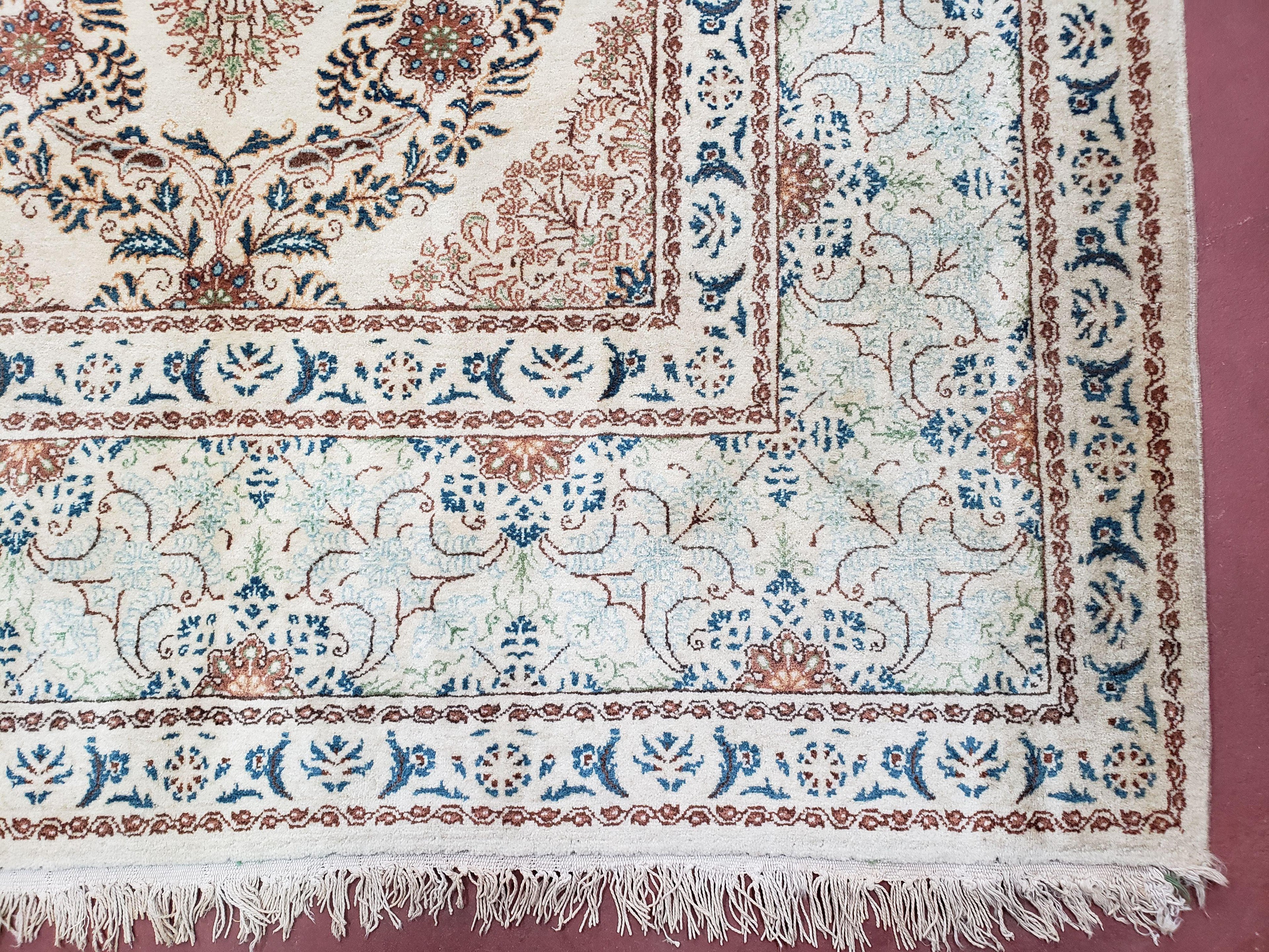 Fine Antique Persian Light Colored Kashan Carpet, 7x12, Top Quality, Rare, Ivory & Blues, Hand-Knotted, Wool