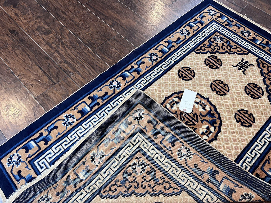 Chinese Peking Rug 3x5, Antique Chinese Art Deco Carpet, Blue Ivory Tan, Hand Knotted Wool Asian Oriental Rug 3 x 5 Vintage Small Peking Rug