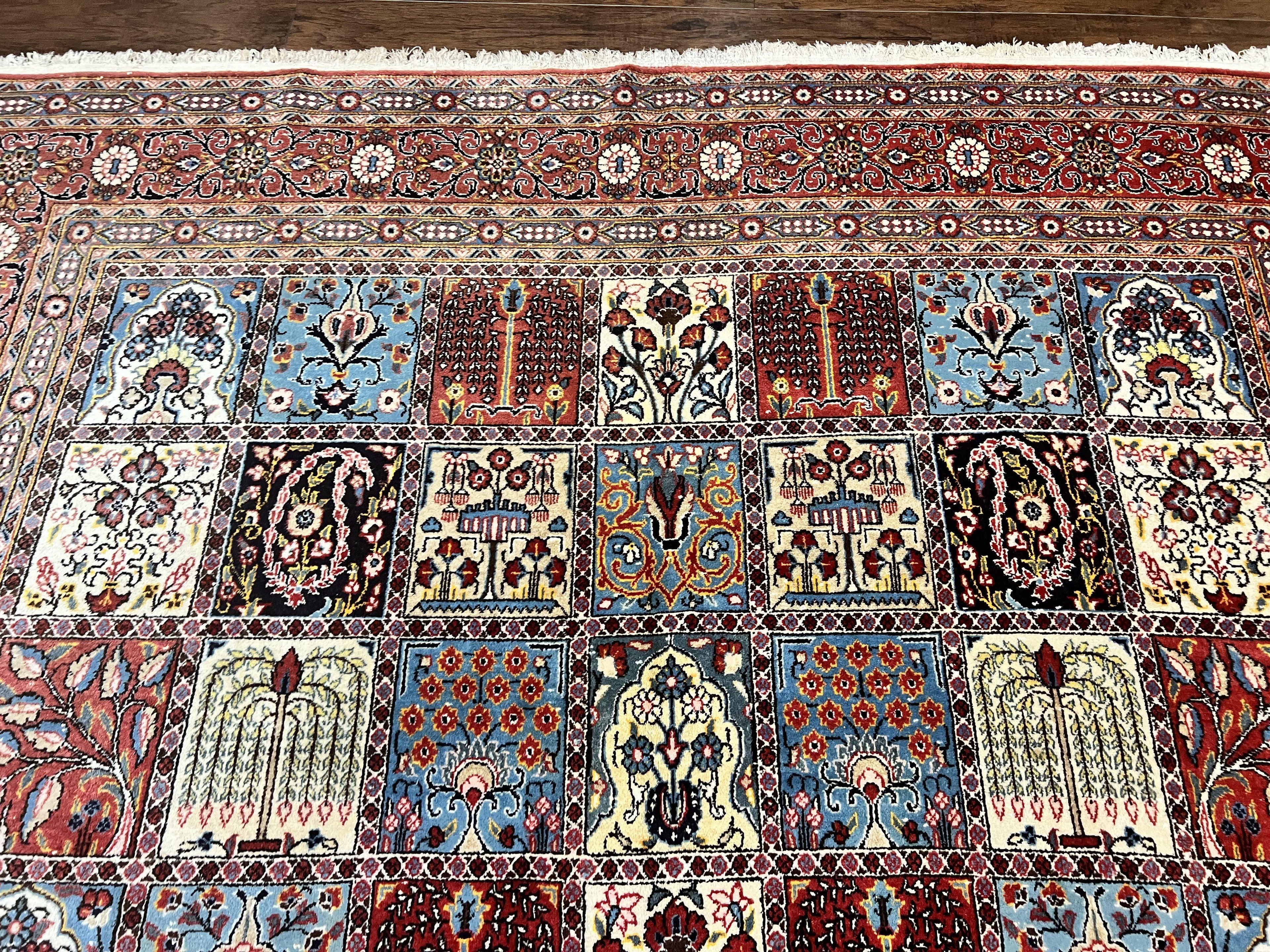 Persian Qum Rug 9x13, Multicolor Panel Design, Red Blue Cream, Hand Knotted Vintage Large Wool Rug