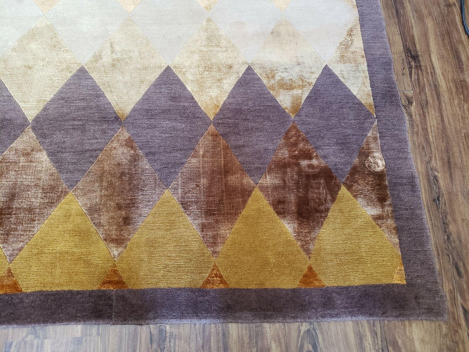 Modern Tibetan Rug 8.6 x 11, Wool and Silk, Multicolor, Diamond Panel Design