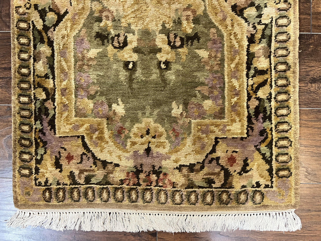 Tibetan Runner Rug 2.6 x 10, French Aubusson Pattern, Gold Olive Green, Vintage Handmade European Design, Wool Hallway Rug