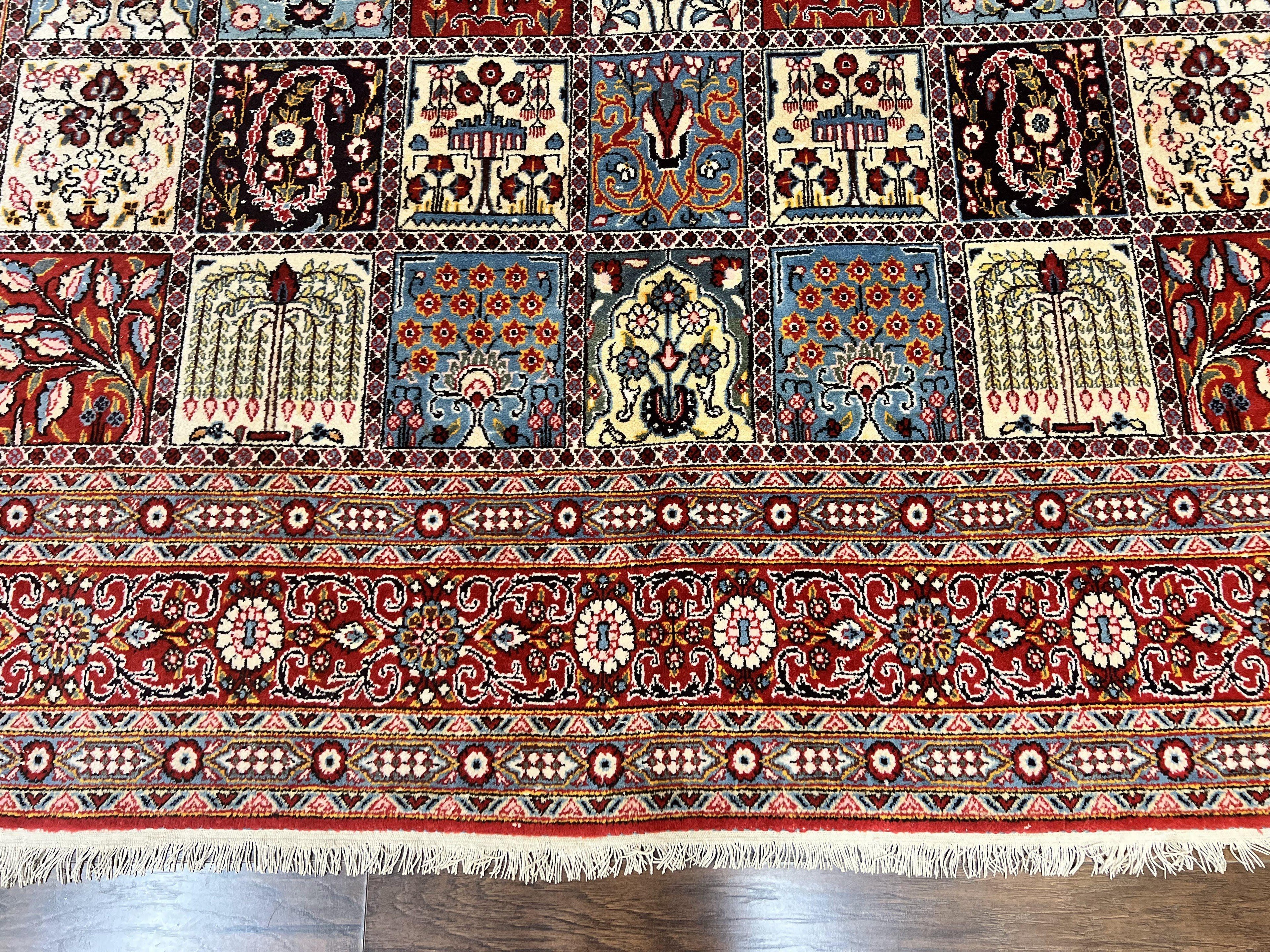 Persian Qum Rug 9x13, Multicolor Panel Design, Red Blue Cream, Hand Knotted Vintage Large Wool Rug