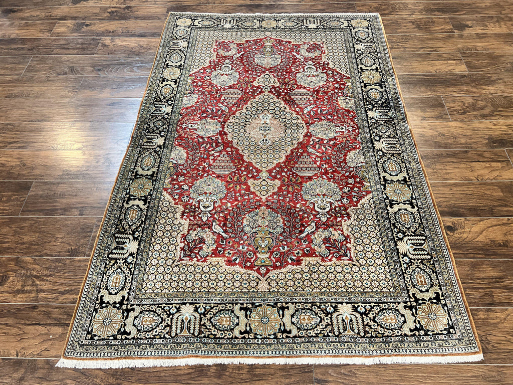 Wonderful Persian Silk Rug 5x7, Birds Floral Vases, Red, Hand Knotted Silk Fine Oriental Carpet, Handmade Vintage, Persian Qum Rug, 400 KPSI