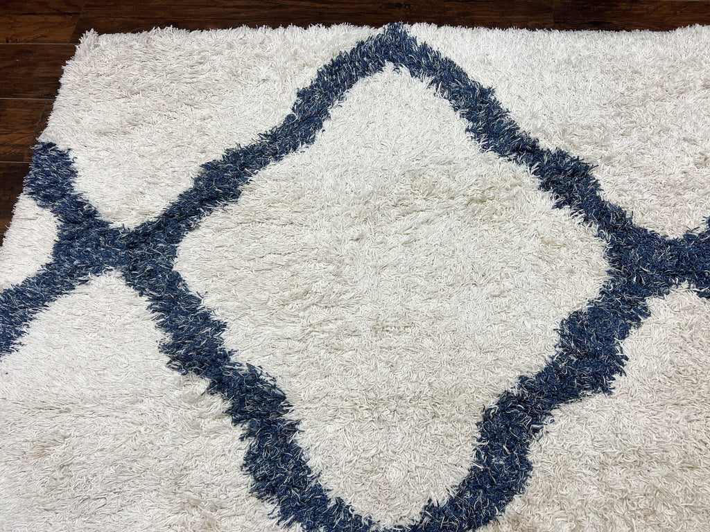 Modern Shag Rug 9x12, Ivory and Dark Blue, Diamond Pattern, Soft, Room Sized, Contemporary Rug, Plush