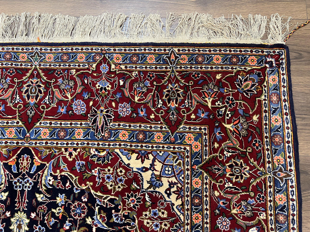 Dark Blue Persian Rug 5x8, Kork Wool Semi Antique Kashan Carpet, Very Fine Lachak Toranj Rug, Hand Knotted Floral Medallion Rug, 5 x 8 Oriental Rug