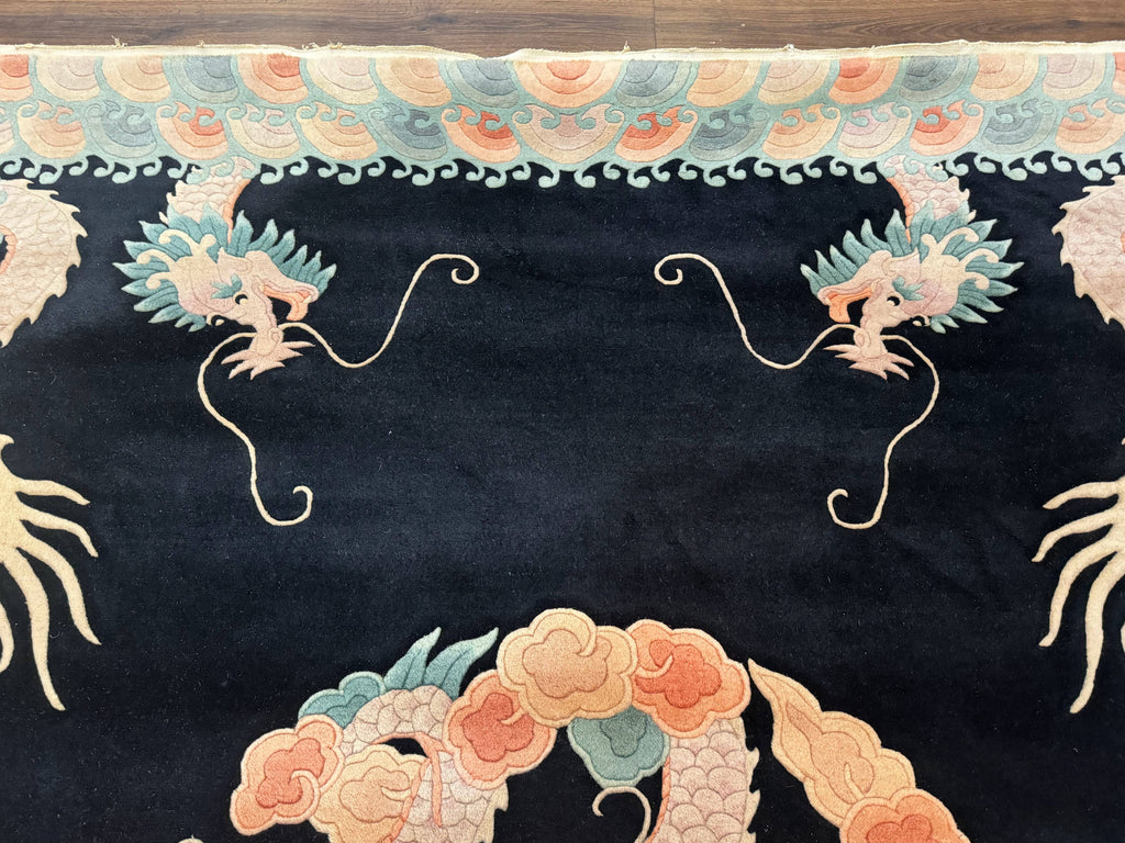 Black Chinese Wool Rug 8x10 with Dragons, Rainbow Borders, Rare