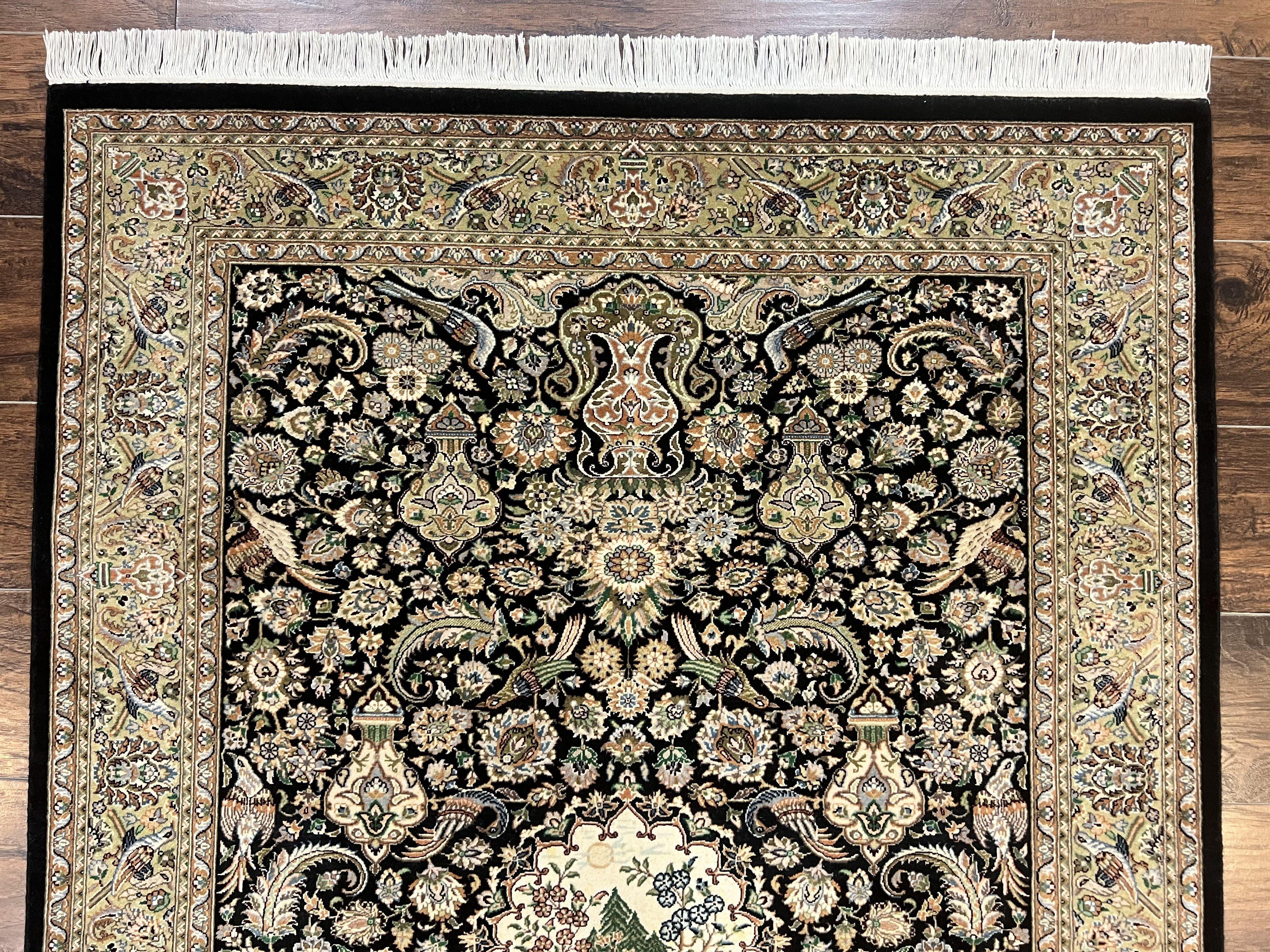 Pak Persian Rug 4x6, Wool Hand Knotted Vintage Carpet, Black & Olive Green, Bird Pictorials, Floral Fine Oriental Rug