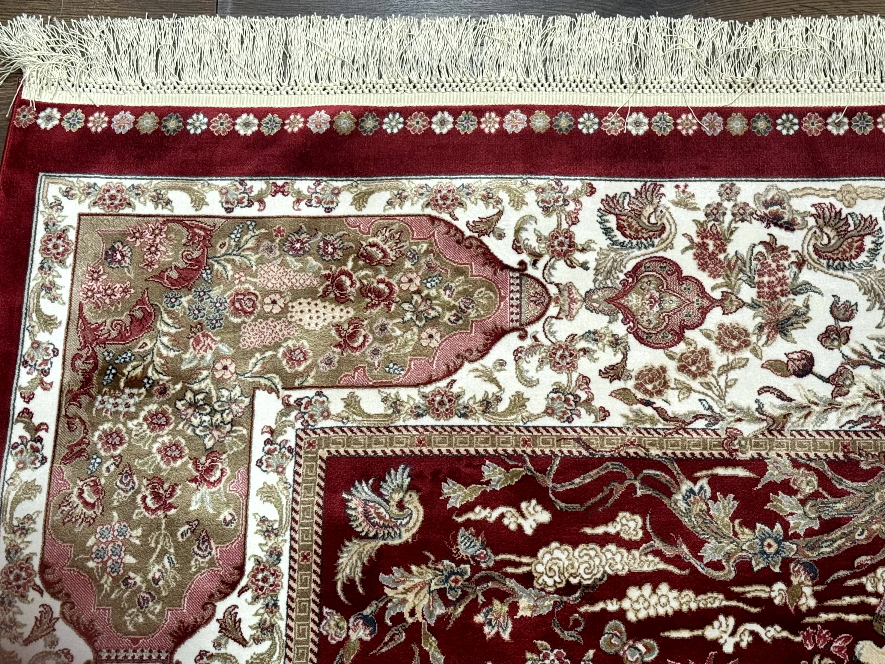 Turkish Silk Hunting Scene Rug 5 x 7.6, Red & Ivory, Bamboo Silk, New