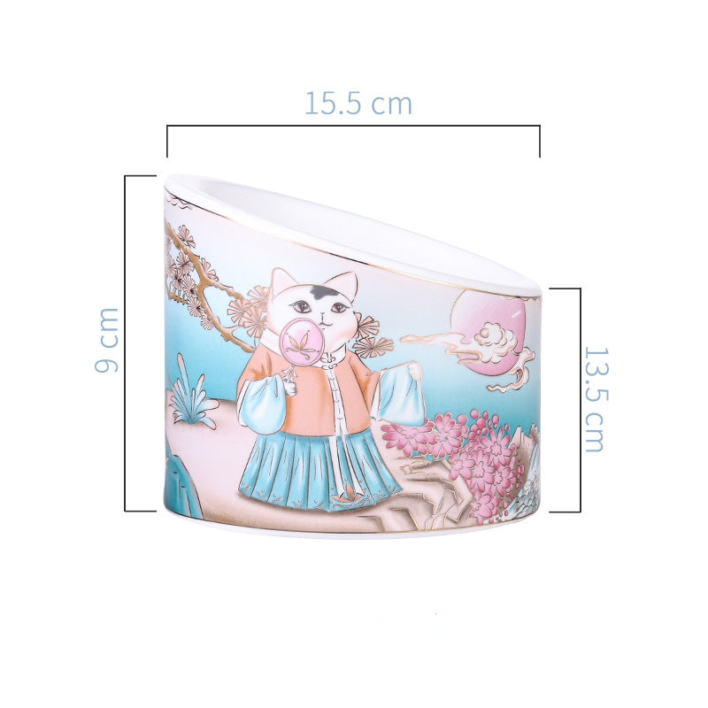 Chinese Style Ceramic Cat Bowl High Leg Double Bowl Oblique Mouth