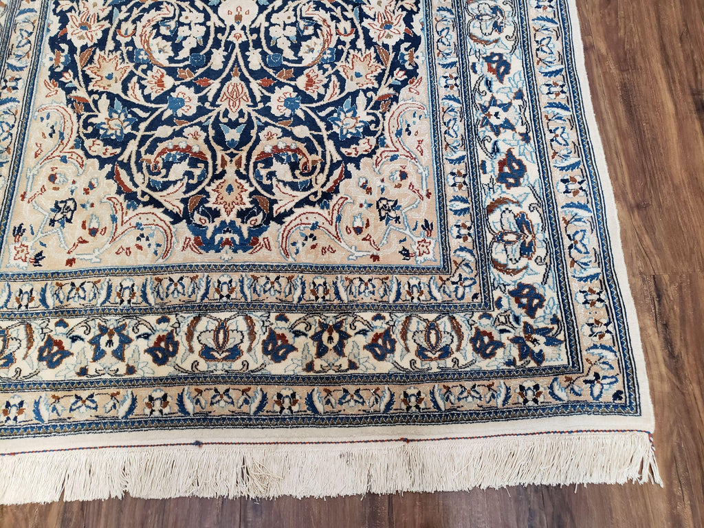 Persian Nain Rug 4x6, Ivory and Blue, Hand-Knotted, Wool & Silk