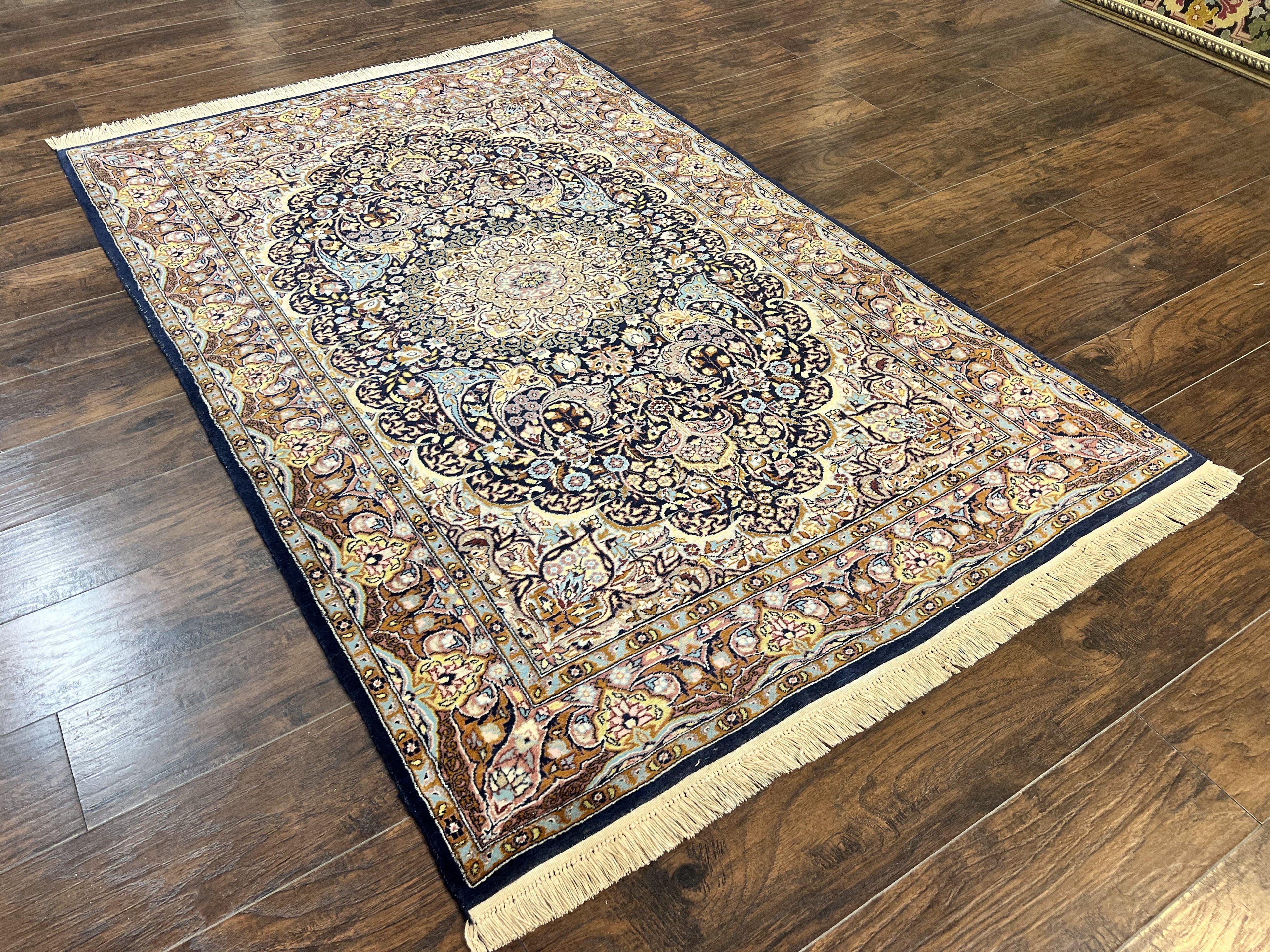 Pak Persian Rug 5x7, Navy Blue Hand Knotted Wool Oriental Carpet 5 x 7 ft, Floral Medallion, Traditional Vintage Pakistani Rug, 225 KPSI