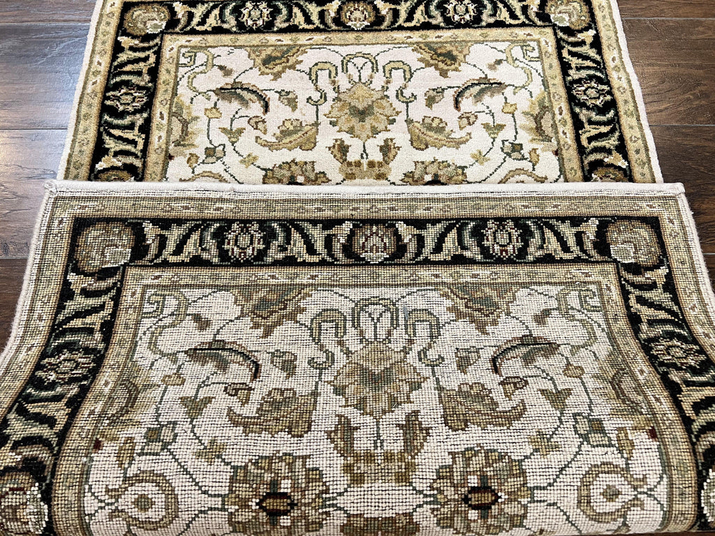 Small Indo Mahal Rug 2.5 x 4, Wool Indian Oriental Carpet, Hand Knotted Handmade Vintage Traditional Rug, Beige Tan Black