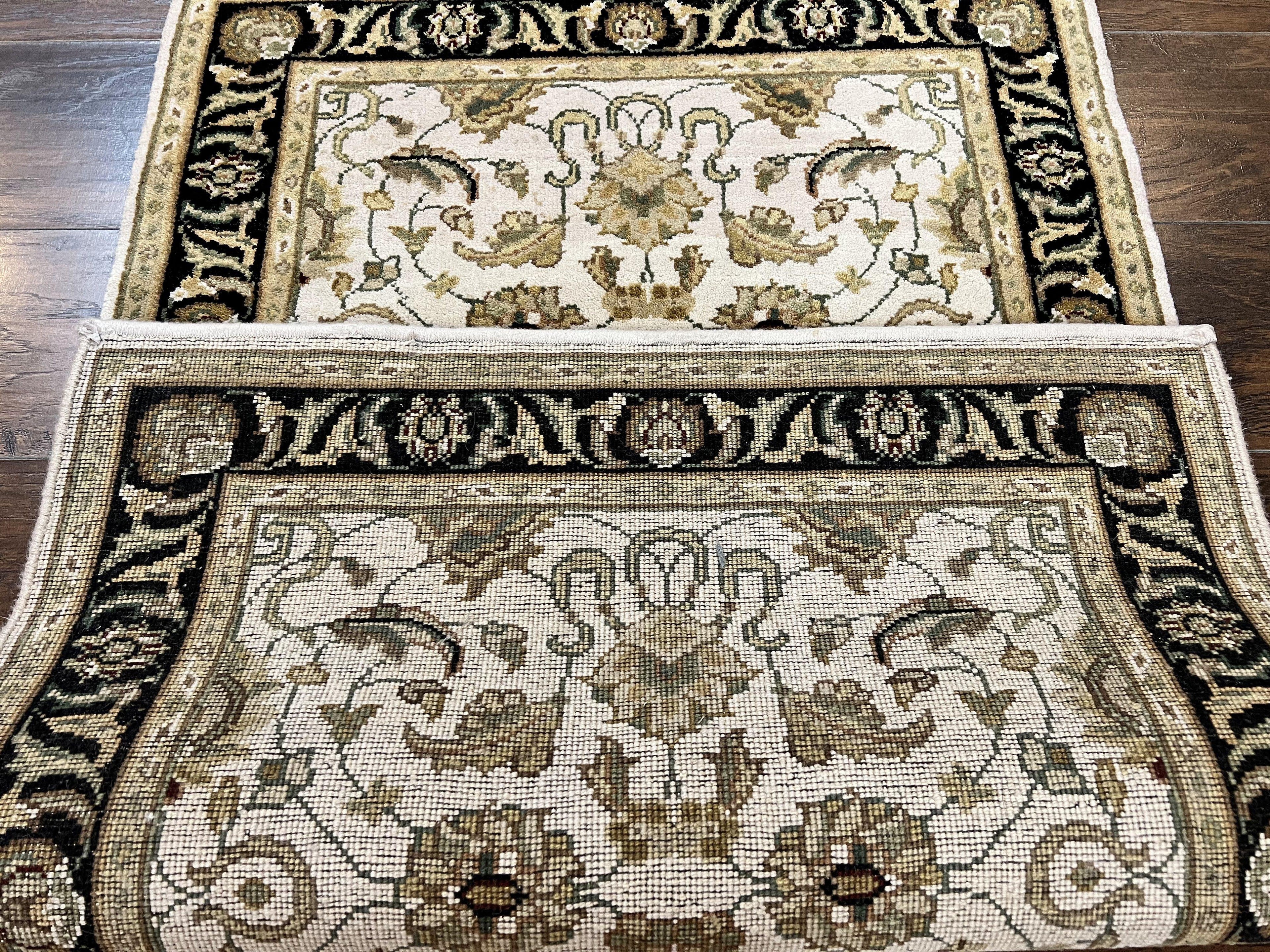 Small Indo Mahal Rug 2.5 x 4, Wool Indian Oriental Carpet, Hand Knotted Handmade Vintage Traditional Rug, Beige Tan Black