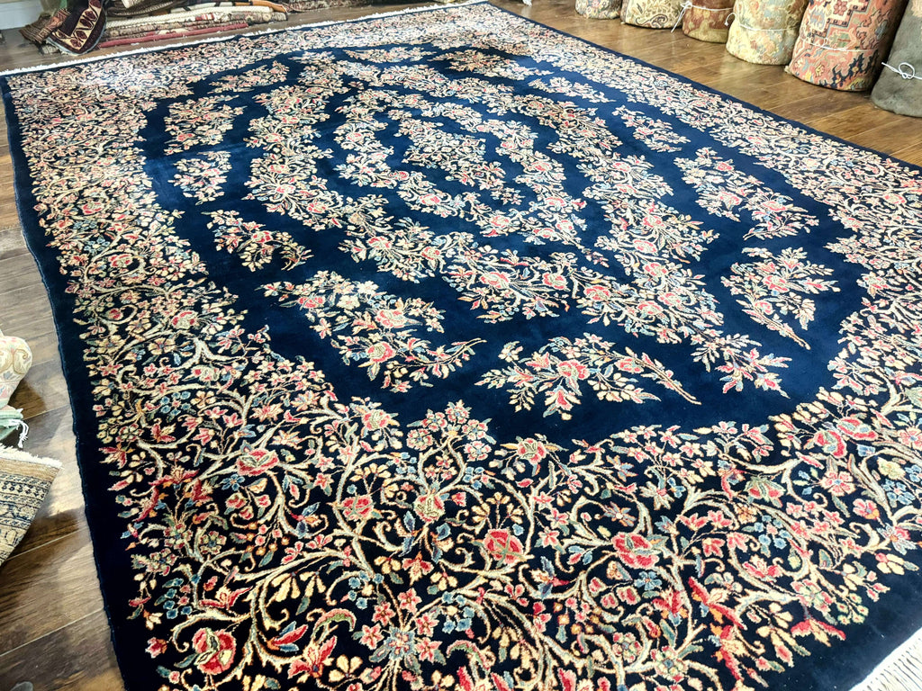 Antique Persian Kerman Rug 10x13, Navy Blue Floral Carpet, Fine 270 KPSI