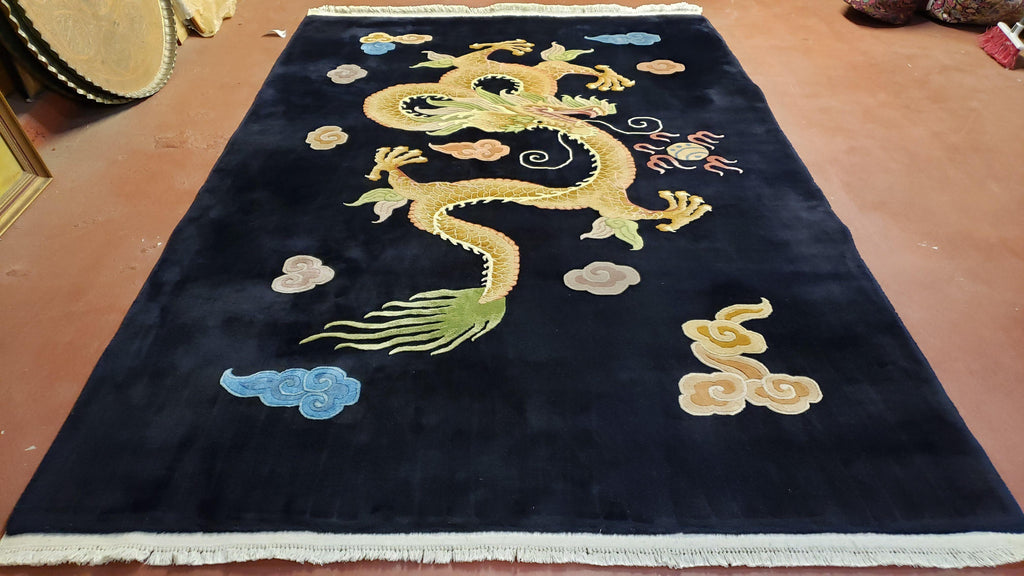 Rare Antique Chinese Art Deco Rug 6x9 with Dragon, Black Chinese Carpet 6 x 9, Hand Knotted Wool Area Rug