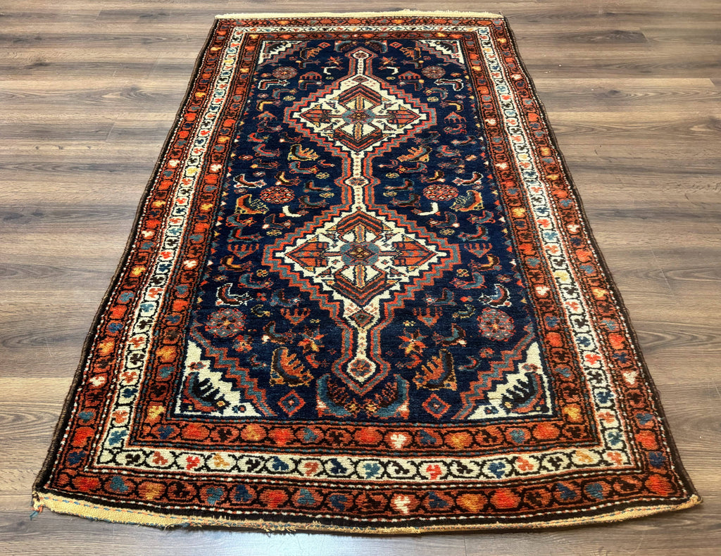 Antique Persian Hamadan Rug 4x6, Geometric, Double Medallions, Navy Blue, Tribal Carpet
