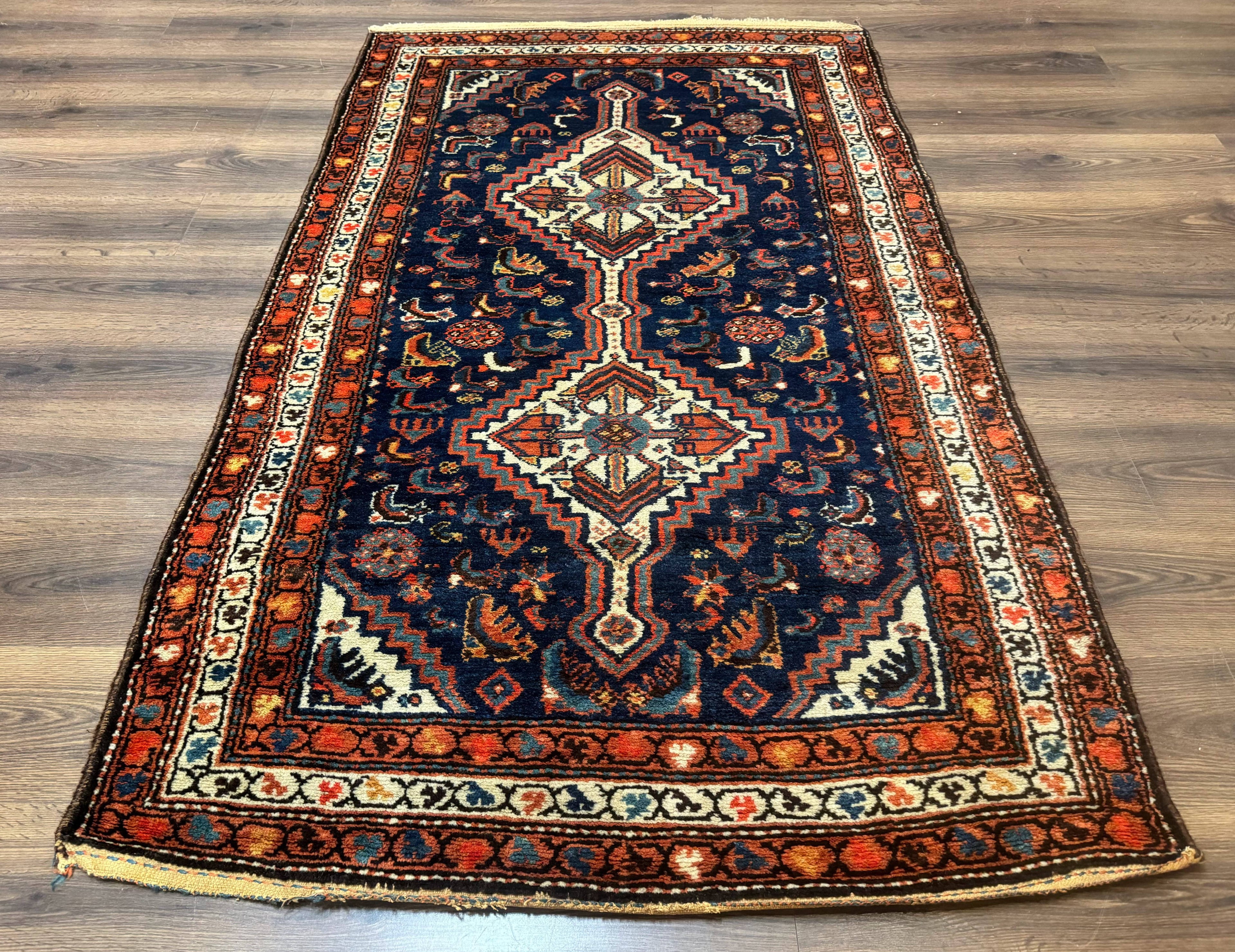Antique Persian Hamadan Rug 4x6, Geometric, Double Medallions, Navy Blue, Tribal Carpet