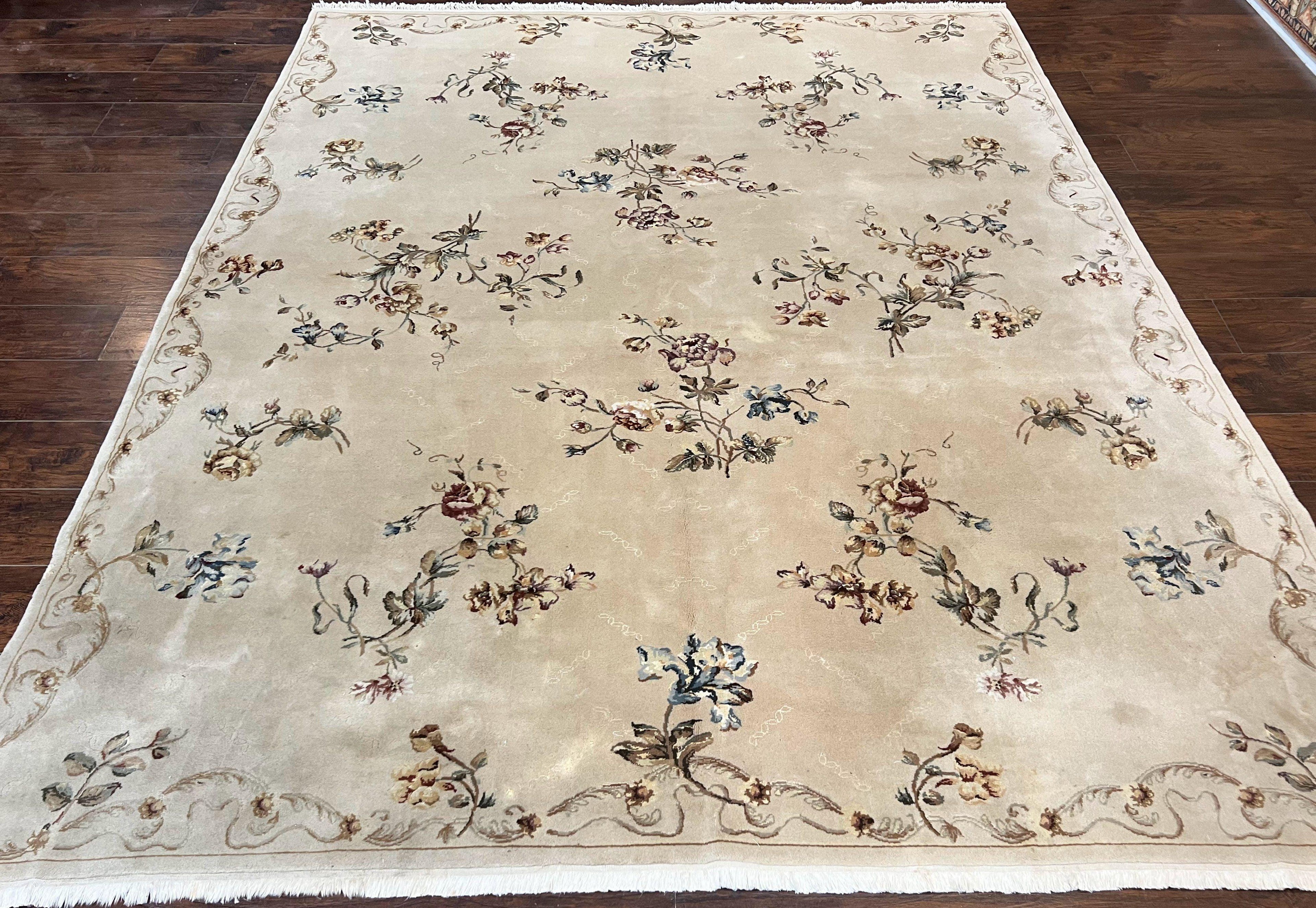 Chinese 120 Line Rug 8x10, Chinese Aubusson Wool & Silk Highlights Handmade Vintage Carpet, Beige Fine Weave Rug, Floral European Design