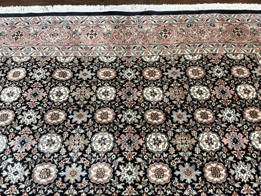 Indo Persian Rug 9x12, Vintage Handmade Wool Carpet, Repeated Allover Motif, Navy Blue and Pink