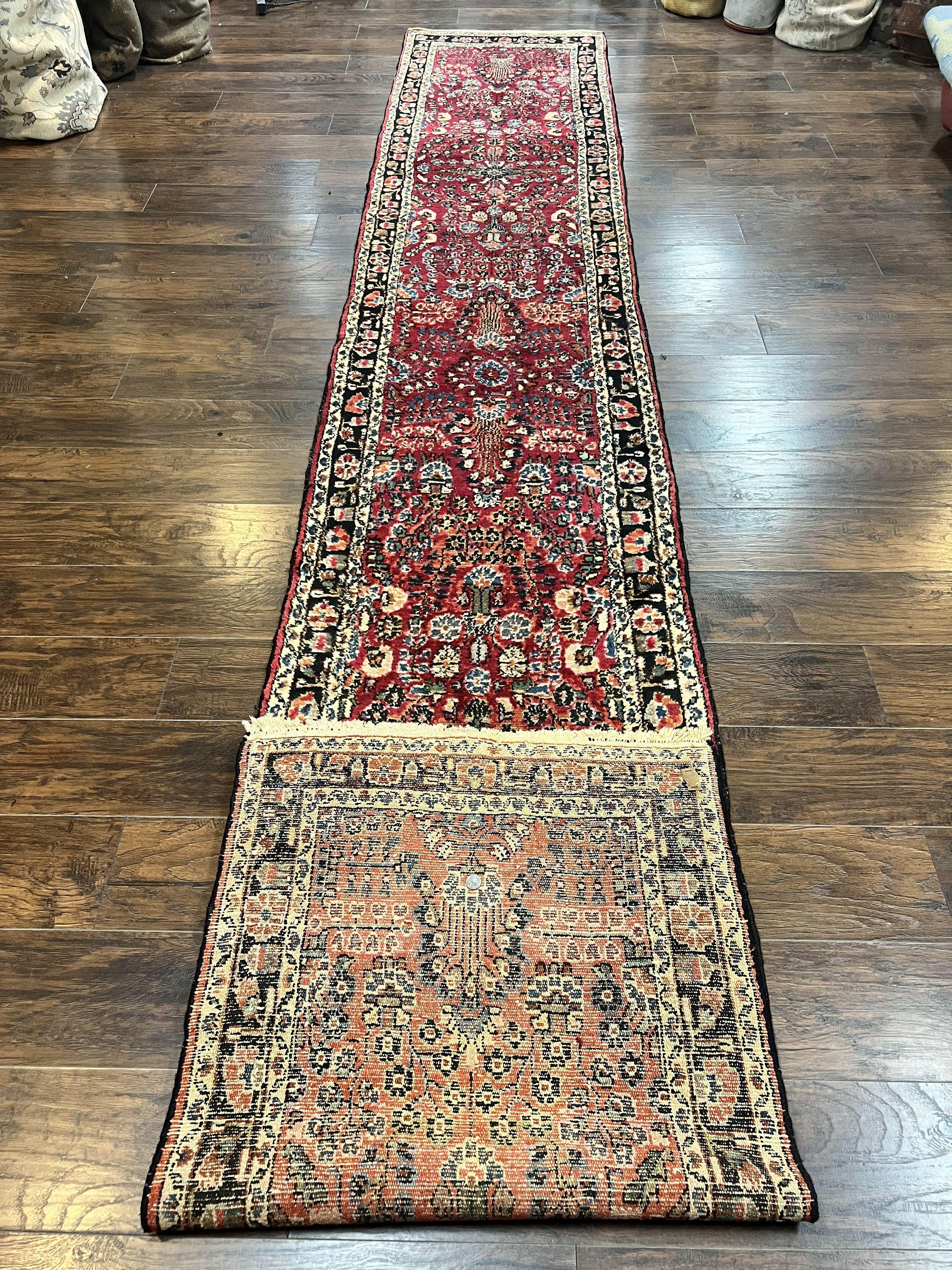 Antique Persian Runner Rug 2.9 x 17, Rare Sarouk Runner, Handmade Wool Rug for Hallway, Red, Floral