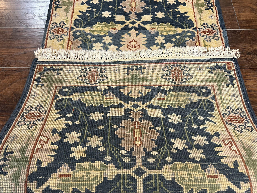 Indian Runner Rug 2.6 x 12, Navy Blue Beige Oriental Runner Rug 12ft Long, Narrow Hallway Runner, Wool Hand Knotted Indo Persian Mahal Rug