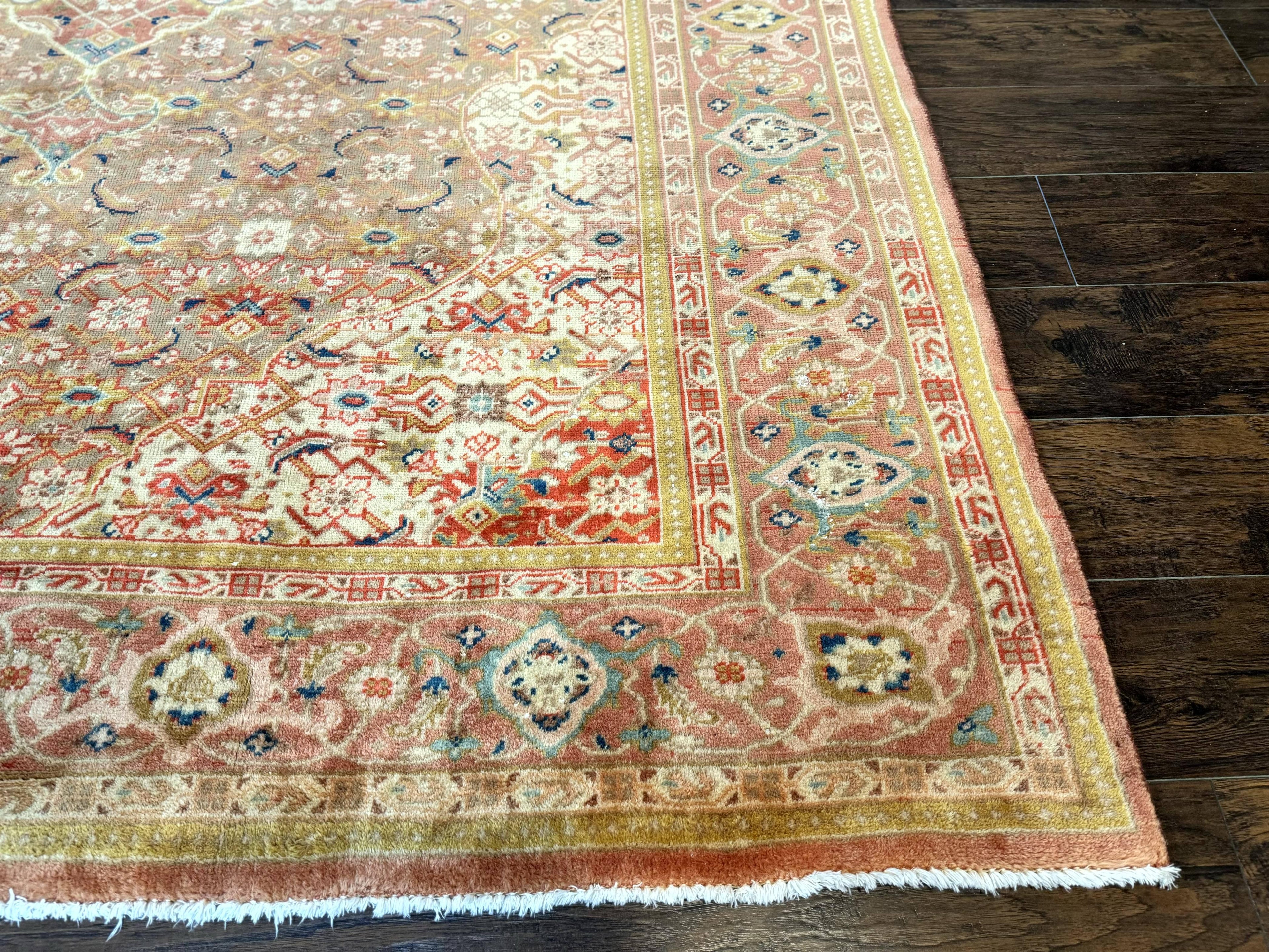 Antique Persian Tabriz Khoy Rug 8x10, Handmade Wool Carpet, Light Green Beige, Vintage Rug for Modern Home