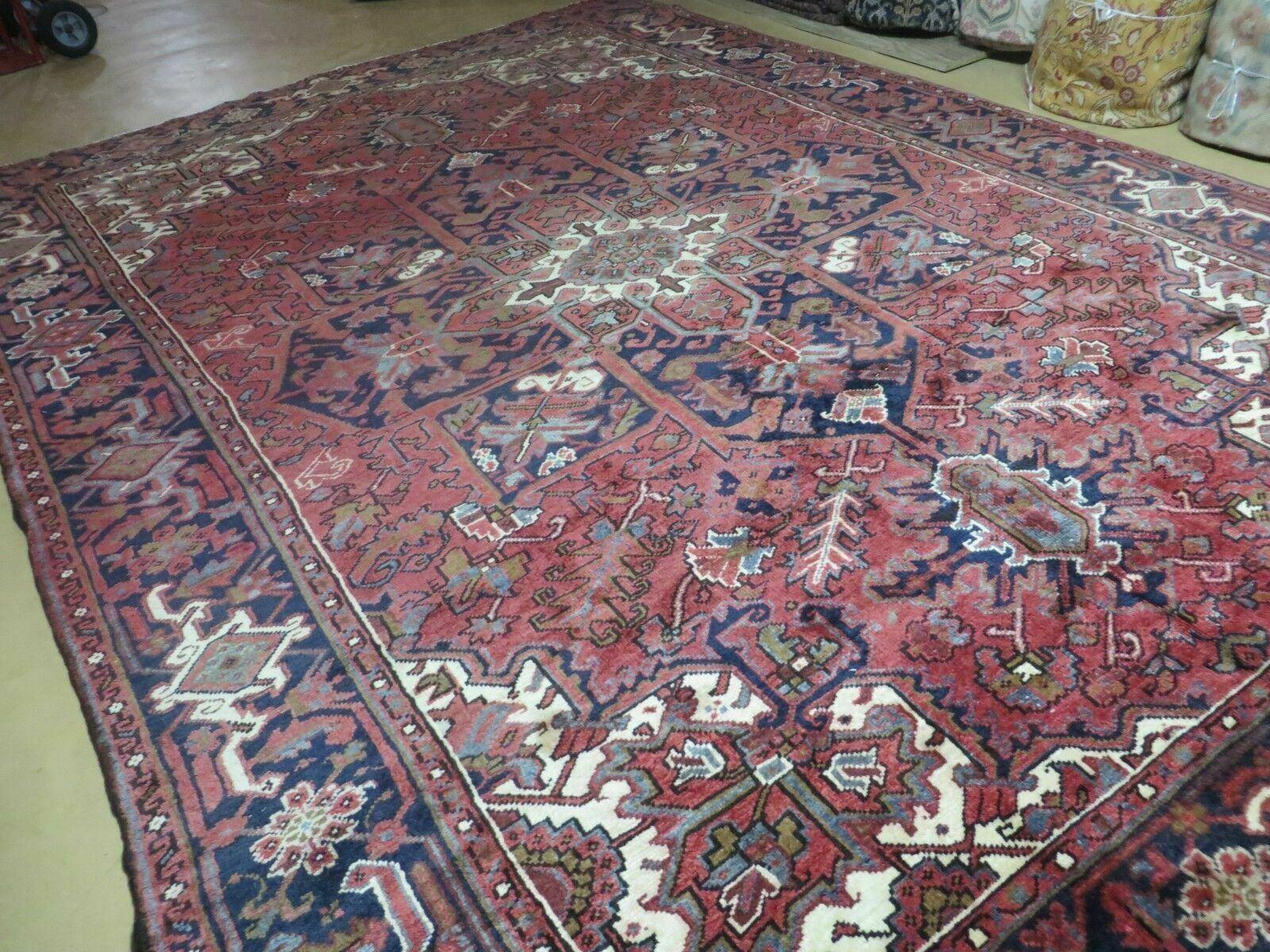 Persian Rug 8x11 Room Sized Heriz Carpet, Hand Knotted Wool Rug, Vintage Semi Antique, Geometric Medallion, Wine Red Cream Dark Blue, Wow