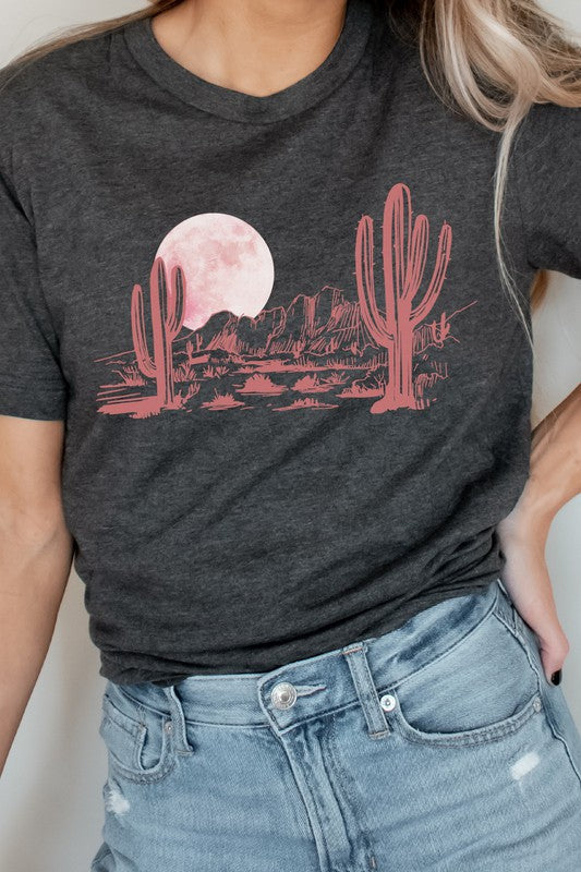 Pink Moon Night Desert Scene Cacti Graphic Tee T-Shirt