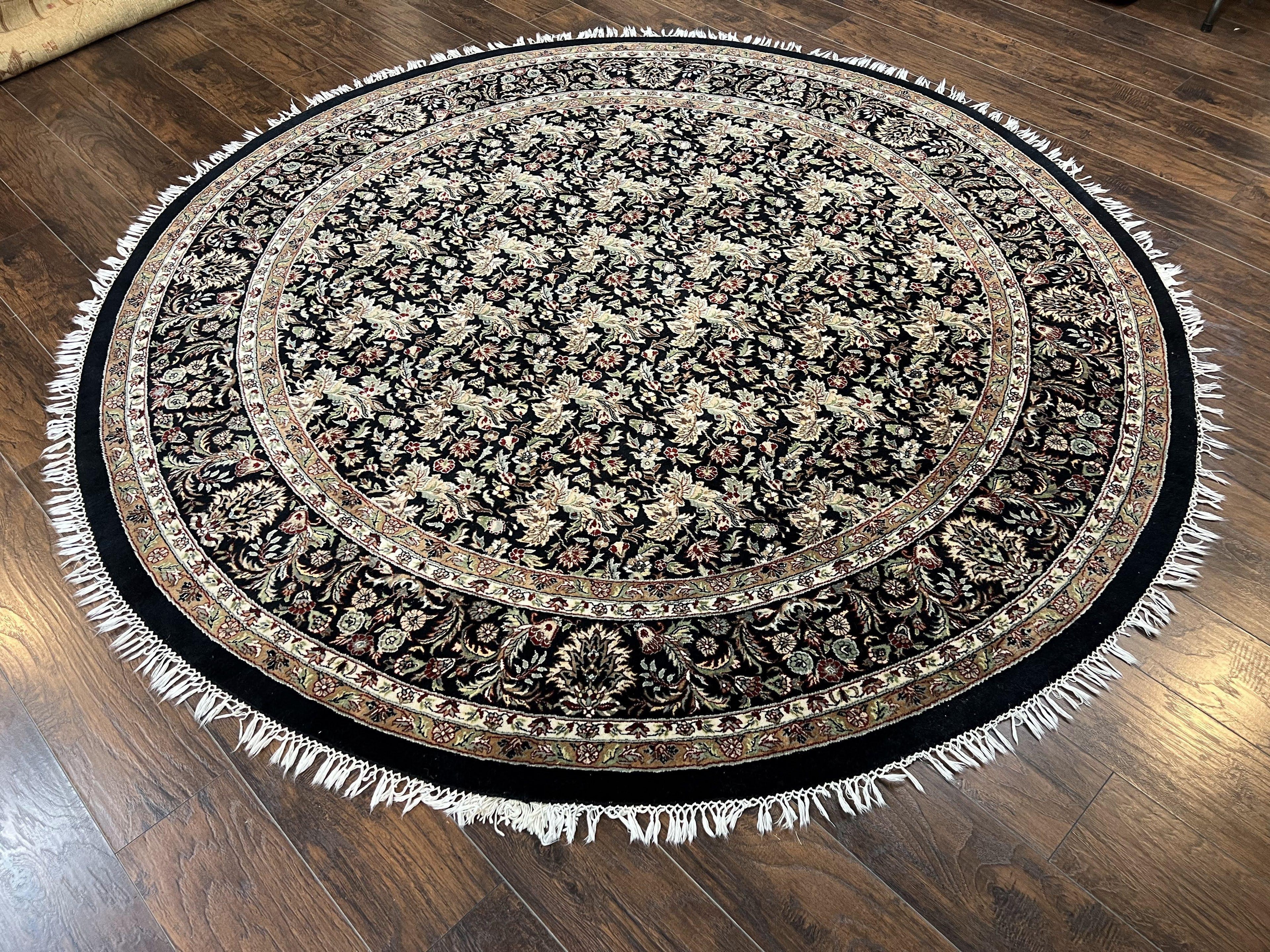 Round Oriental Rug 8x8 ft, William Morris Floral Pattern Carpet, 8 x 8 ft Round Rug, Black Cream and Tan 8ft Round Handmade Indo Persian Rug
