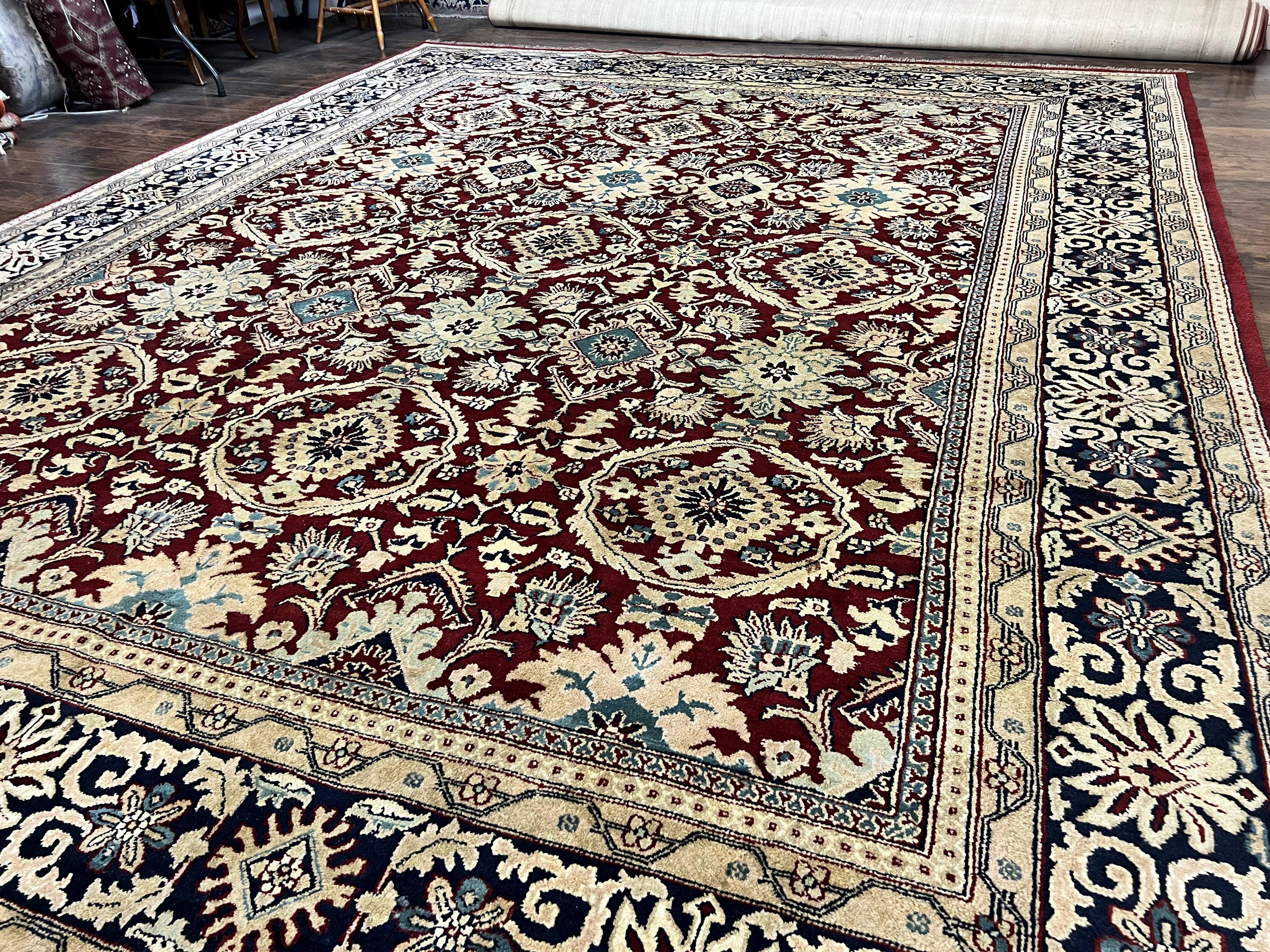 Indian Agra Rug 12x15, Maroon, Hand Knotted Vintage Palace Sized Oriental Carpet