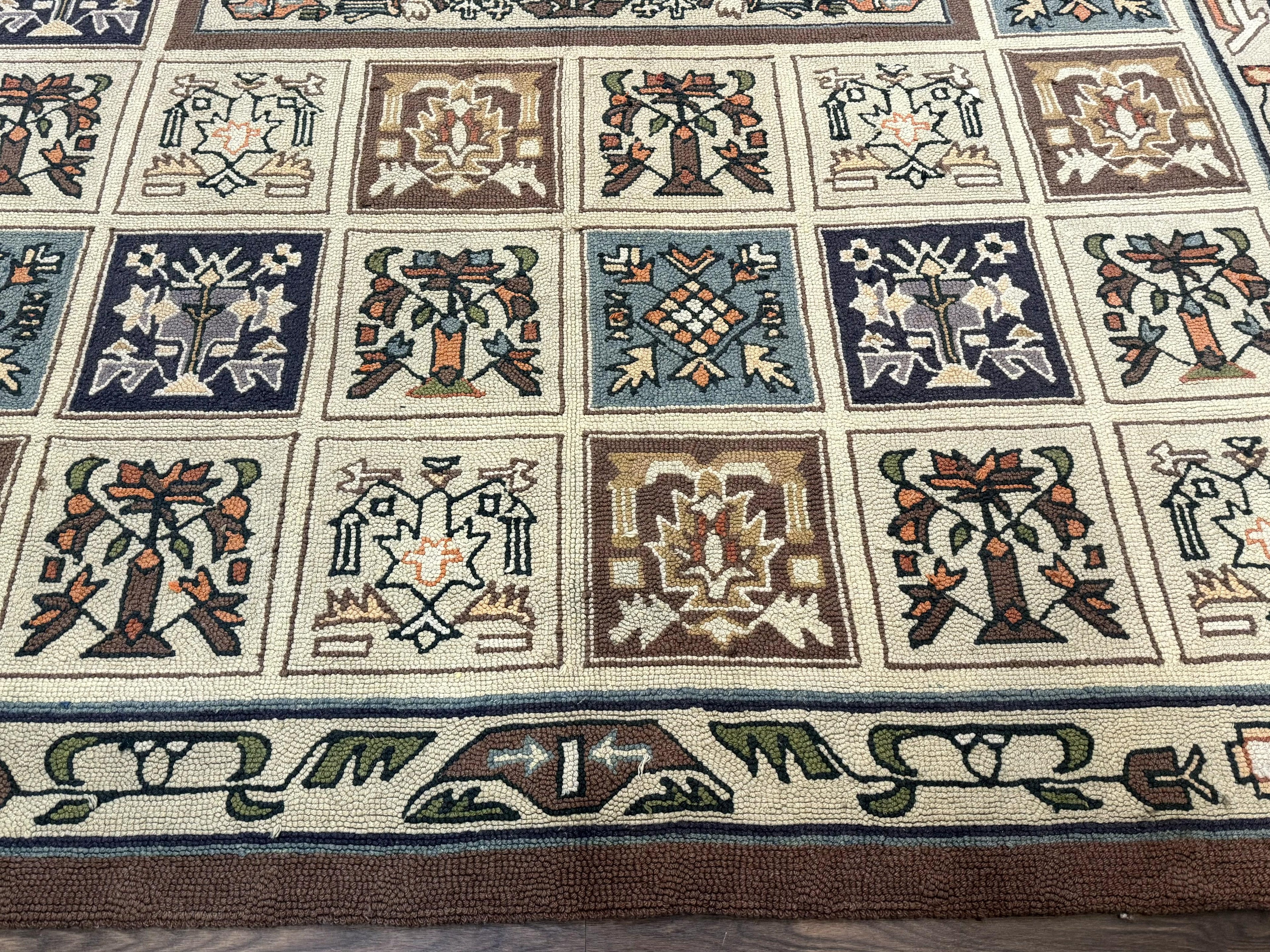 Hooked Rug 8x11, Vintage, American Vintage Hand Hooked Area Rug, Multicolor Panel, Rare