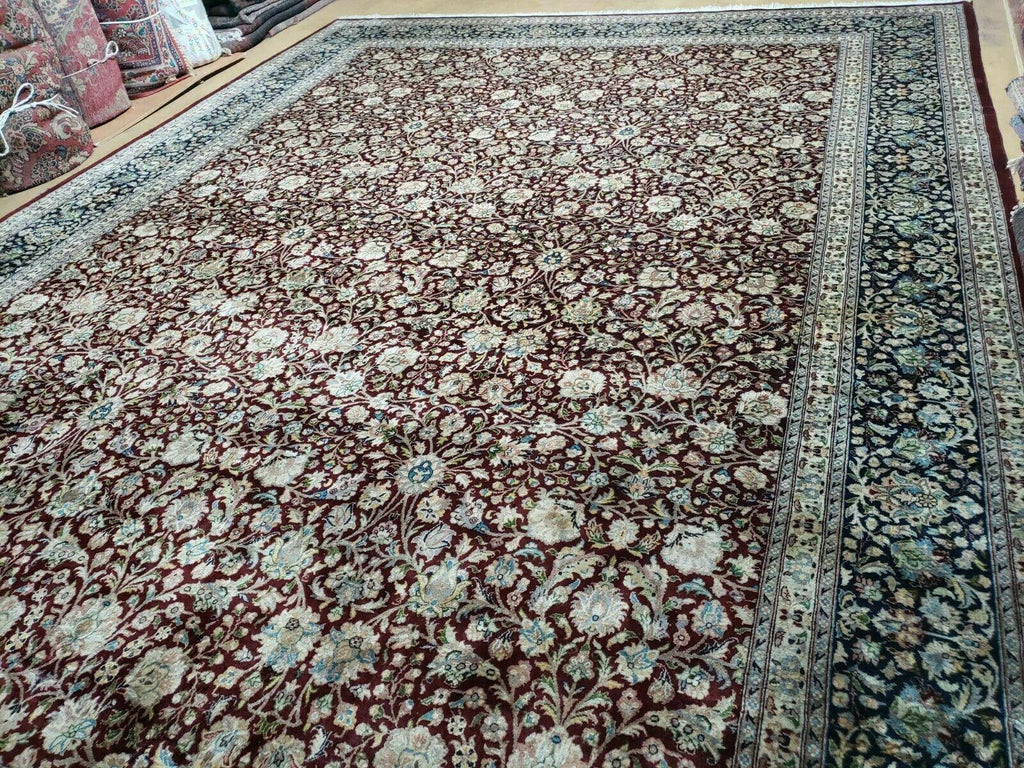 Persian Rug 9x12, Floral Allover, Very Fine, Handmade, Room Sized Oriental Carpet, Sino Persian, Maroon and Navy Blue