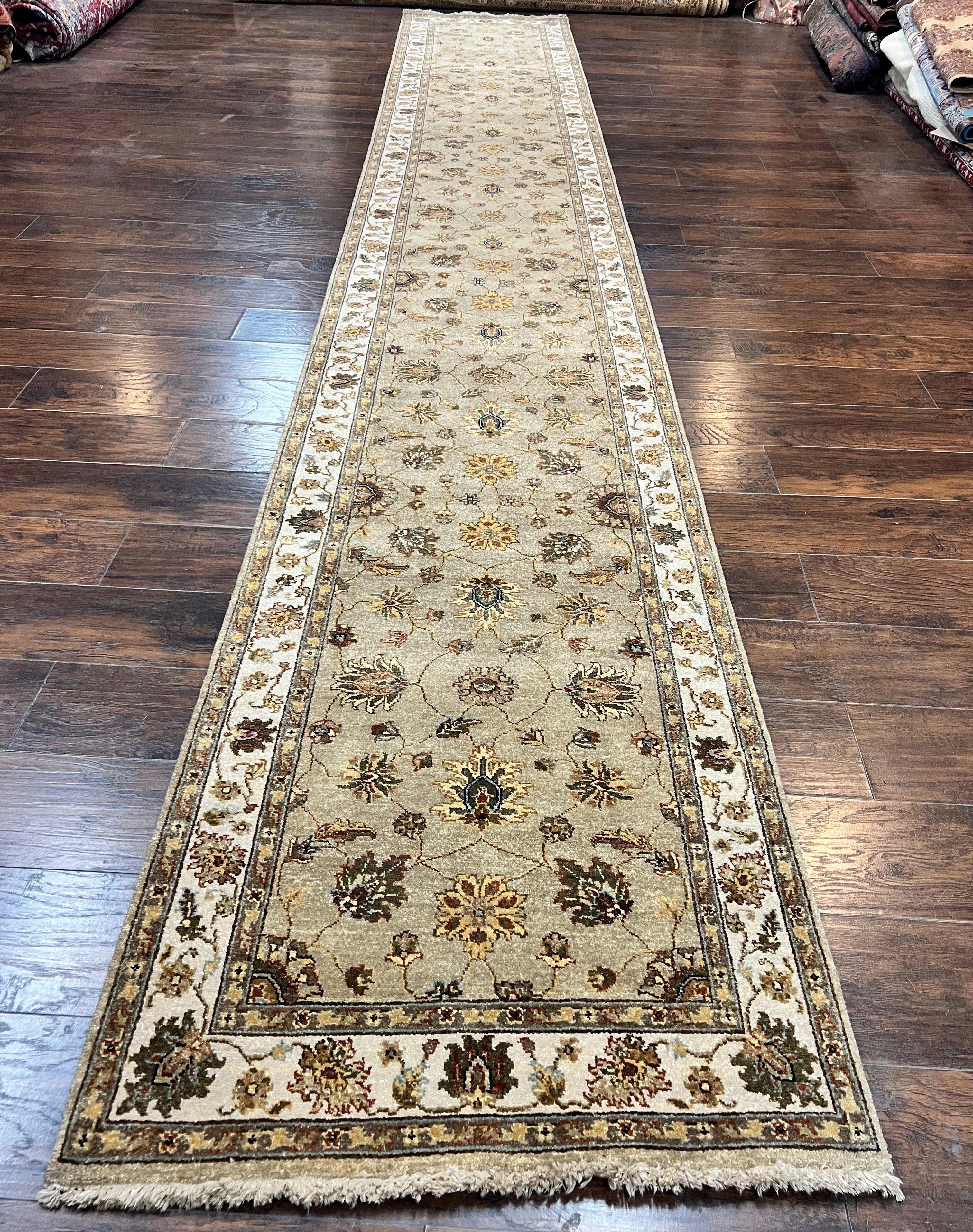Peshawar Runner Rug 3 x 20, Wool Hand Knotted Vintage Pakistani Carpet, Olive Green & Ivory, Extra Long 20ft Hallway Runner, Floral