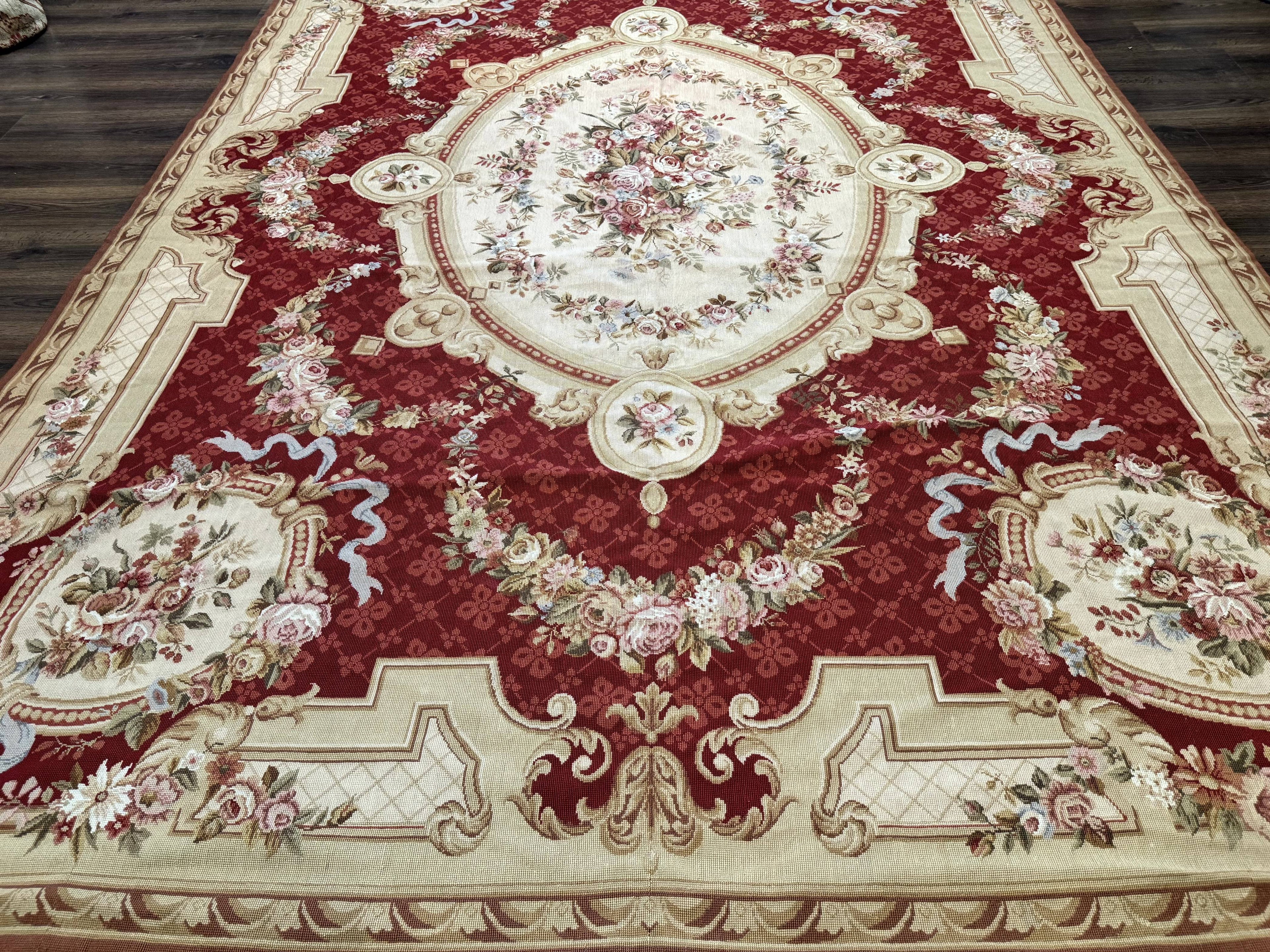 Aubusson Rug 8x11, Needlepoint Carpet, Red Ivory Beige, Vintage, French European Design