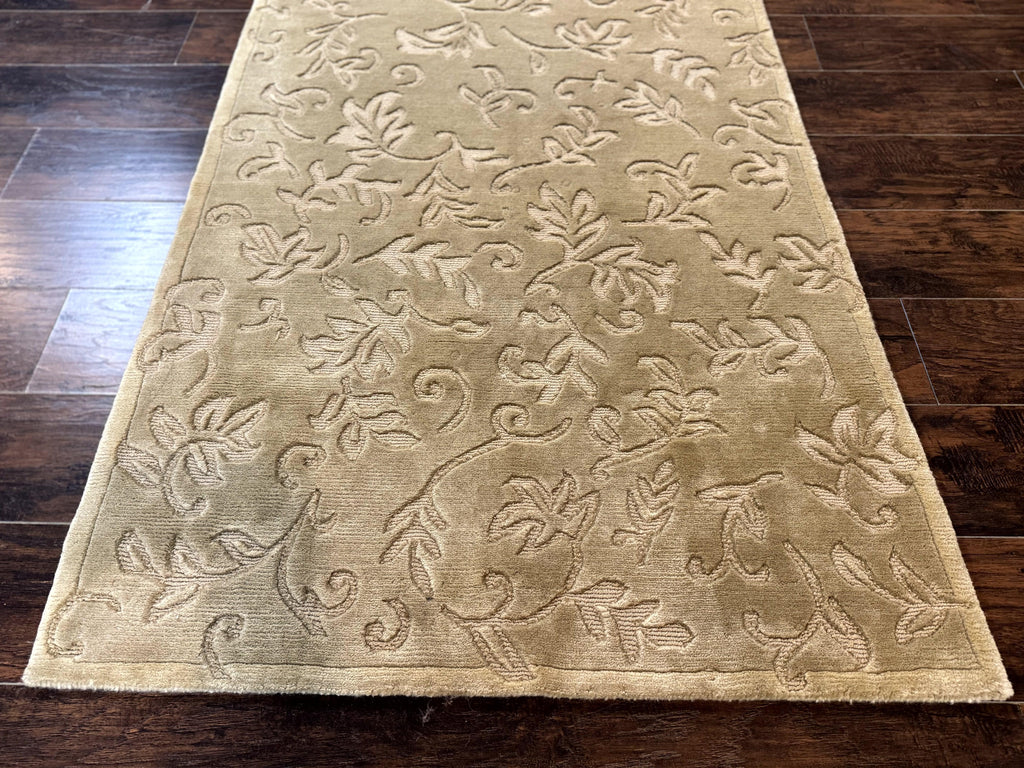 Modern Tibetan Rug 3.7 x 5.5, Carved Floral Design, Wool and Silk Highlights