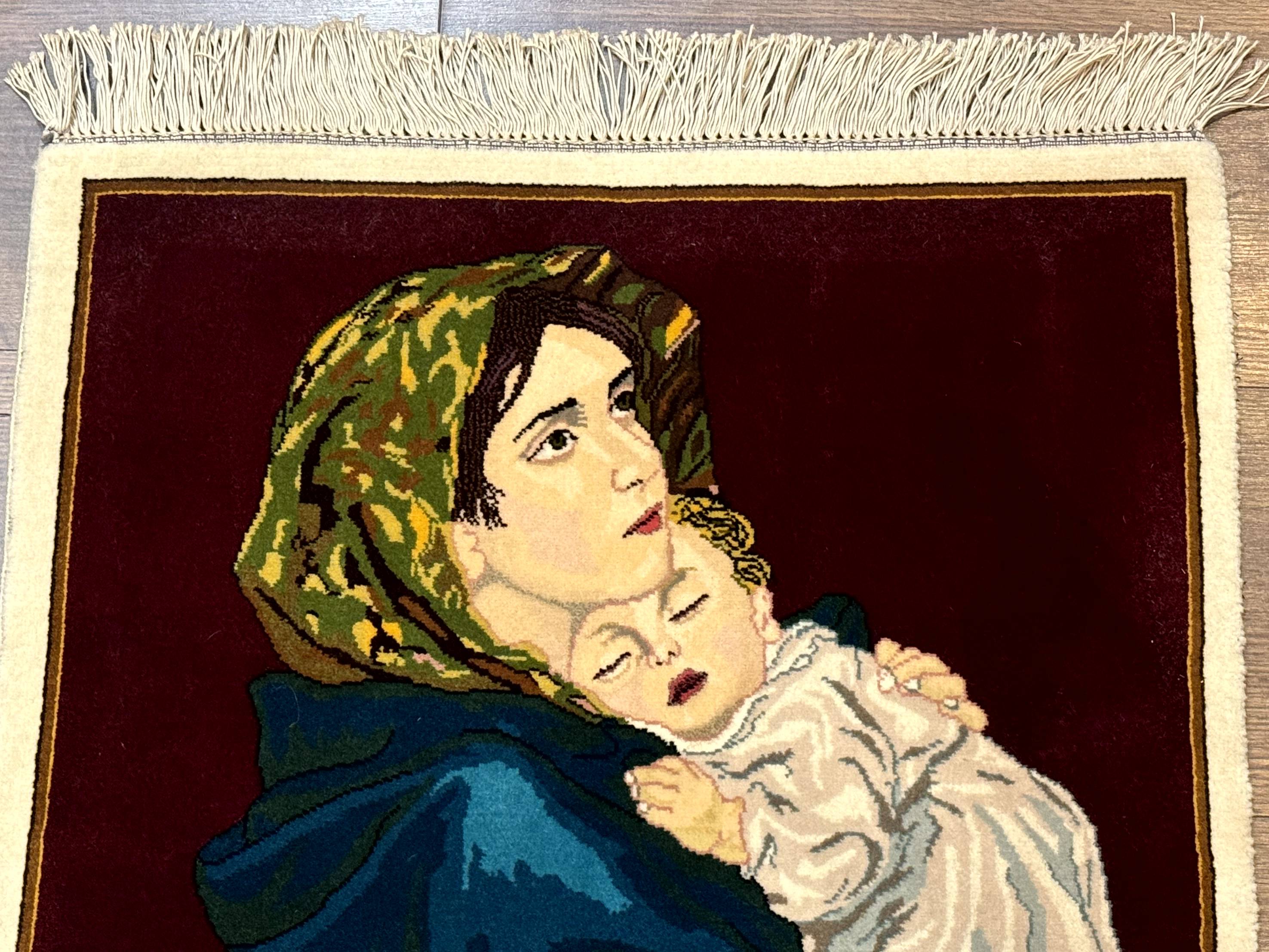 Small Persian Tabriz Pictorial Rug 2x2, Mother Holding Child, Very Fine 340 KPSI, Maroon