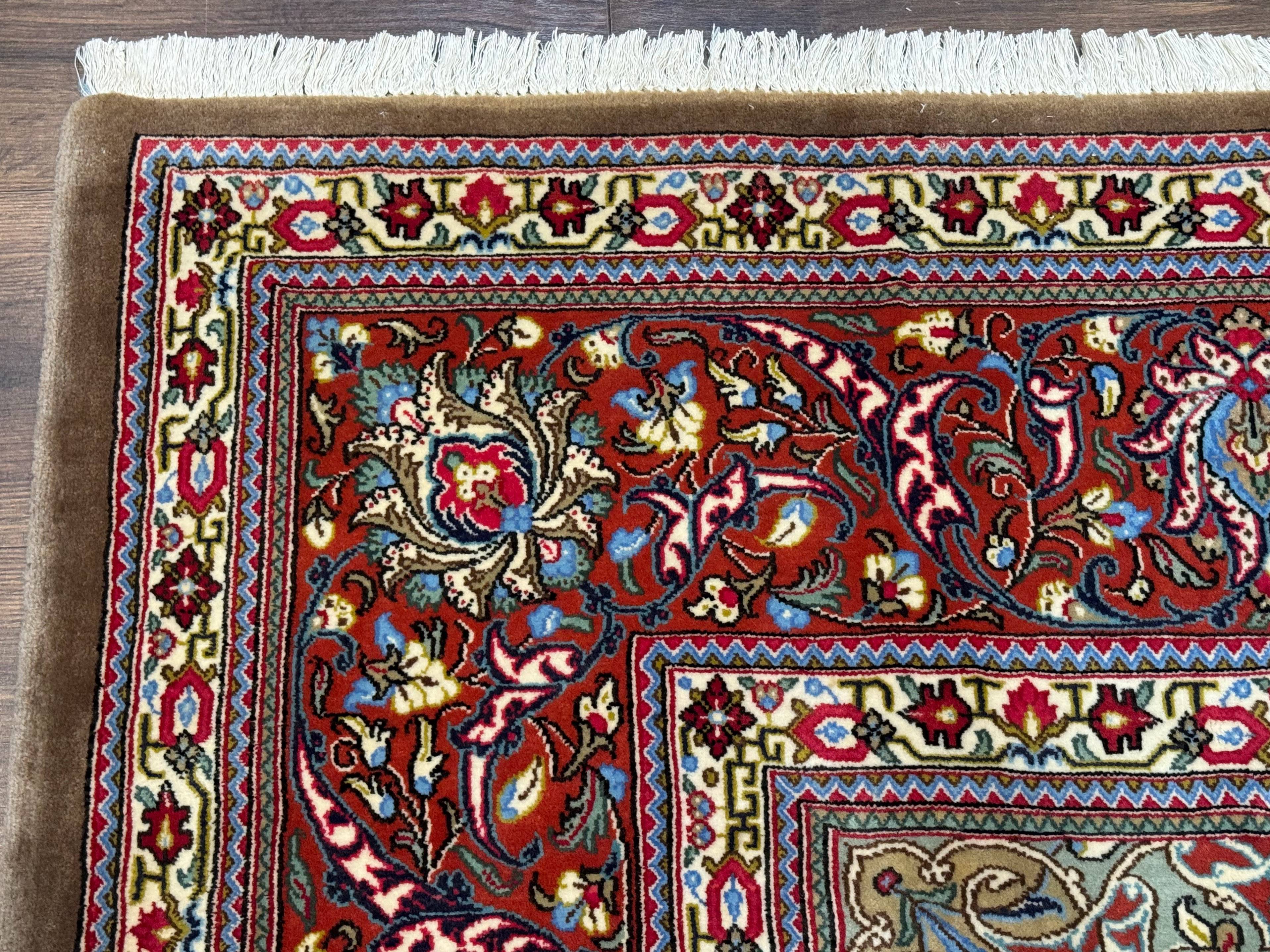 Persian Qum Rug 7x11, Beige and Red, Highly Detailed Floral Pattern, Fine 260 KPSI